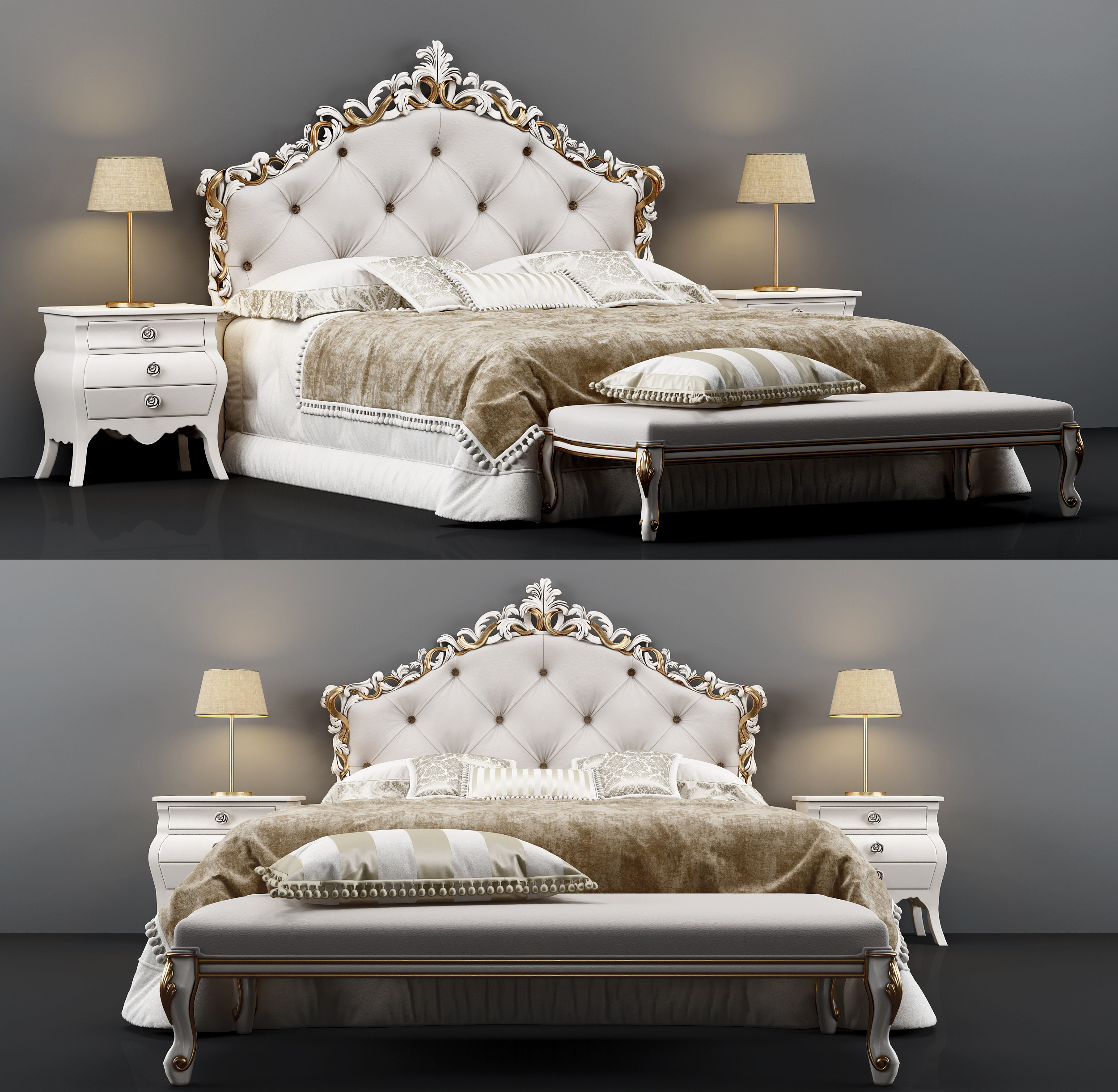 法式古典雕花皮革双人床3d模型下载