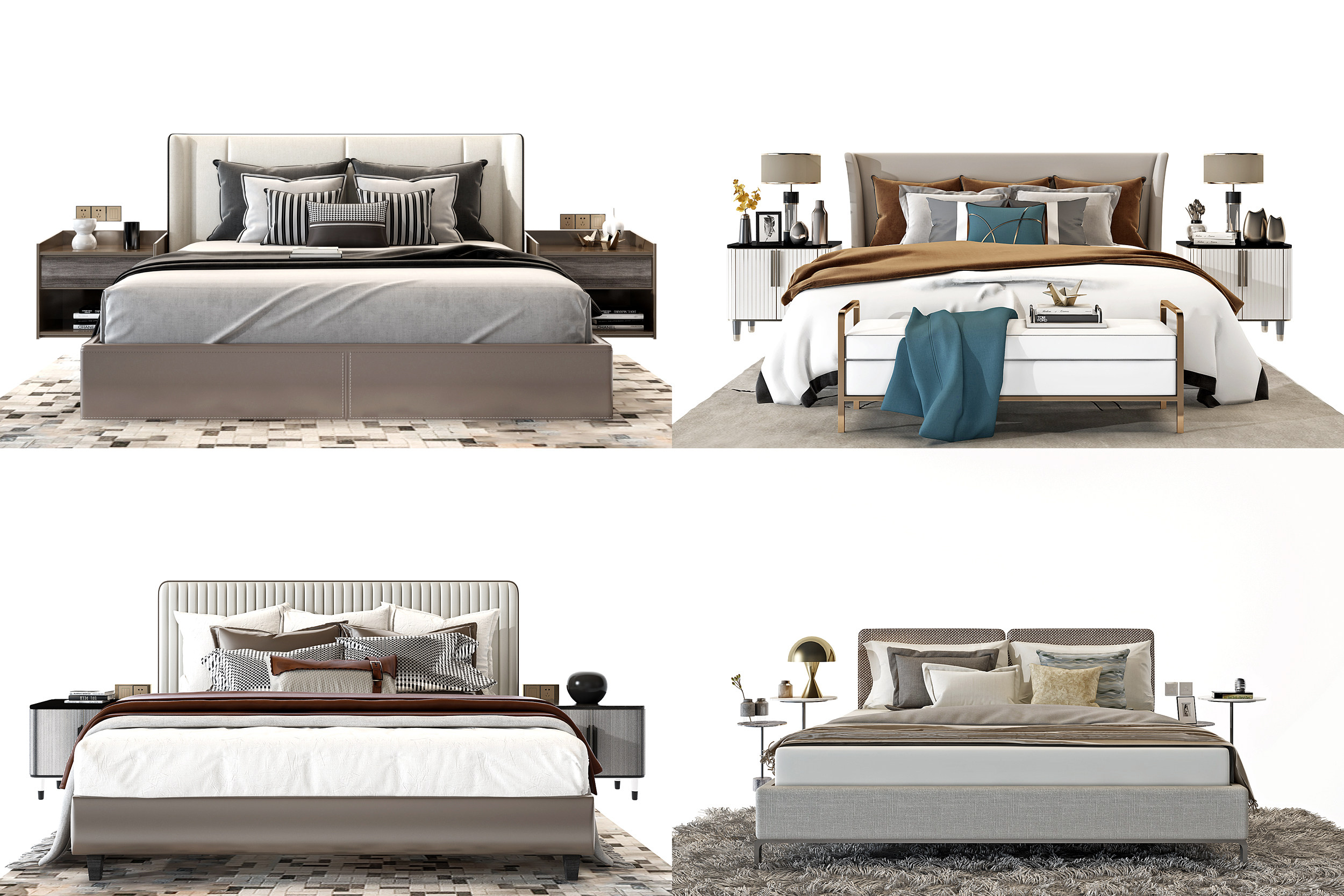 现代简欧式布艺双人床,床具组合3d模型下载