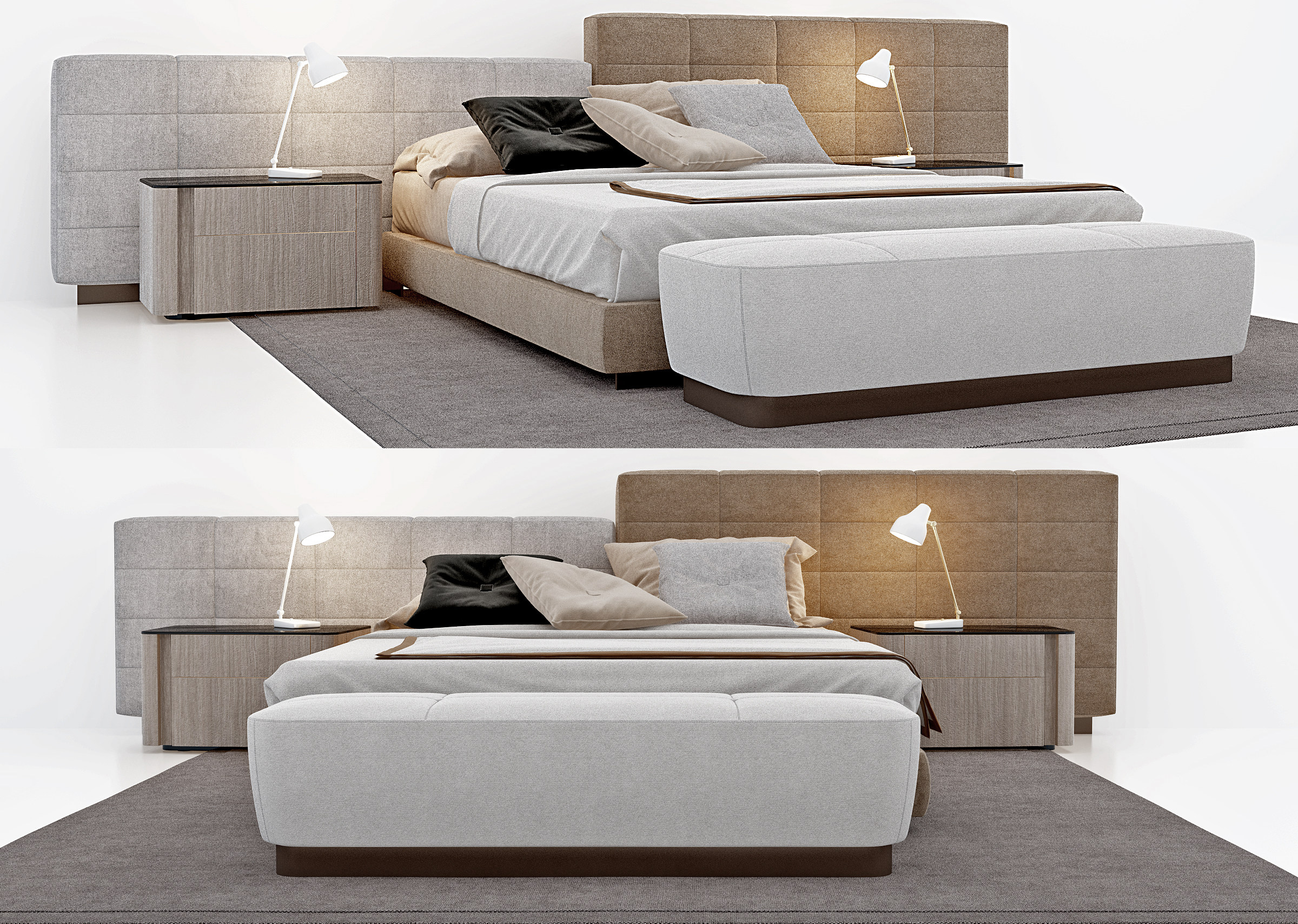 现代布艺双人床,床具组合3d模型下载