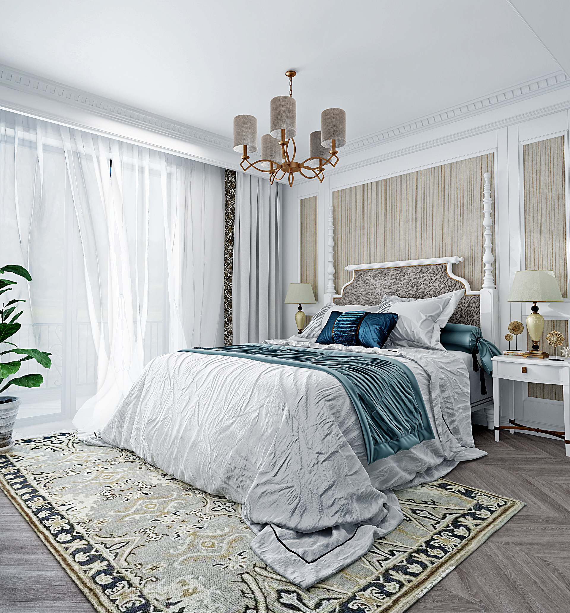 欧式卧室布艺双人床,床具组合3d模型下载