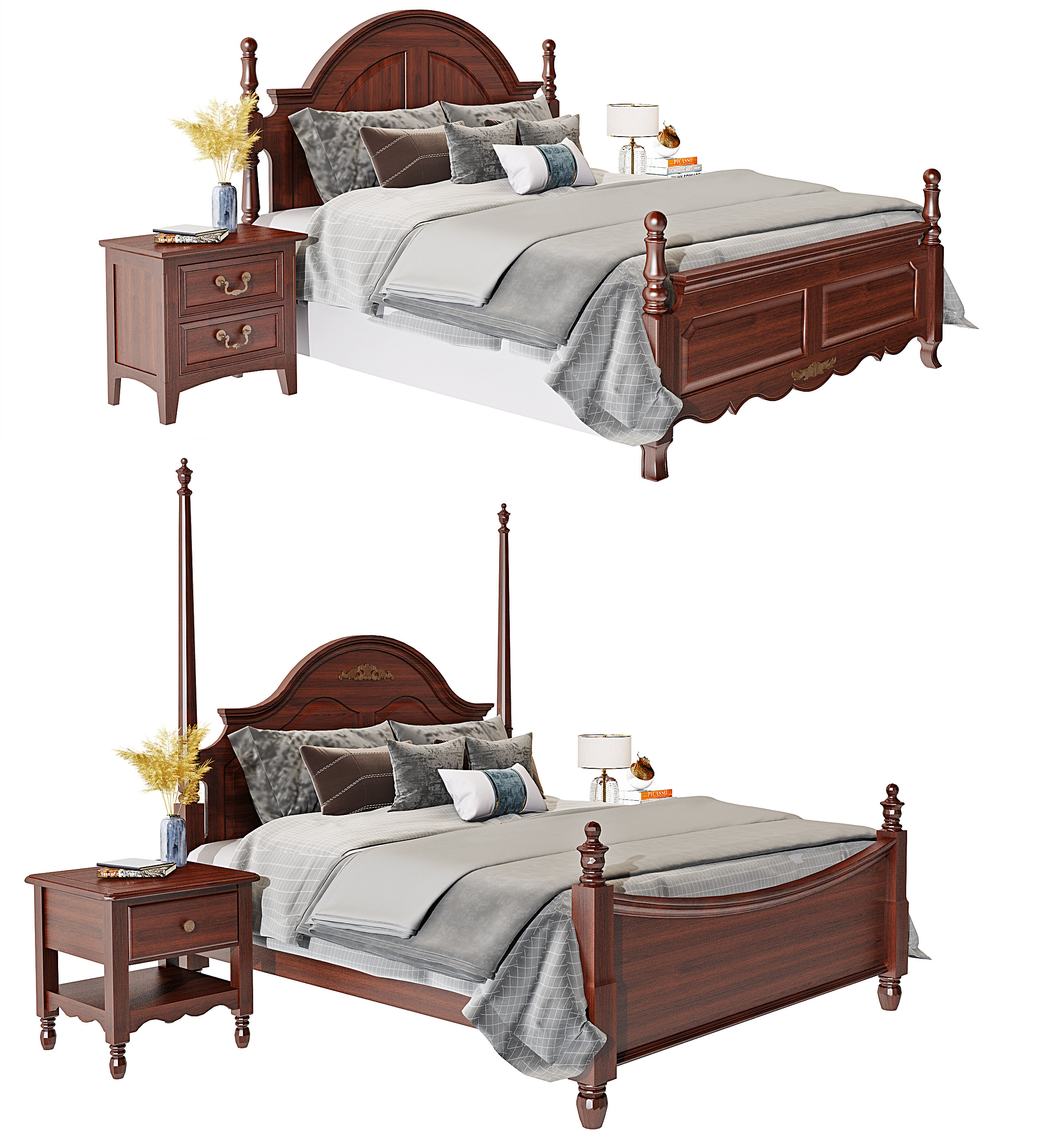 欧式实木双人床,床具组合3d模型下载