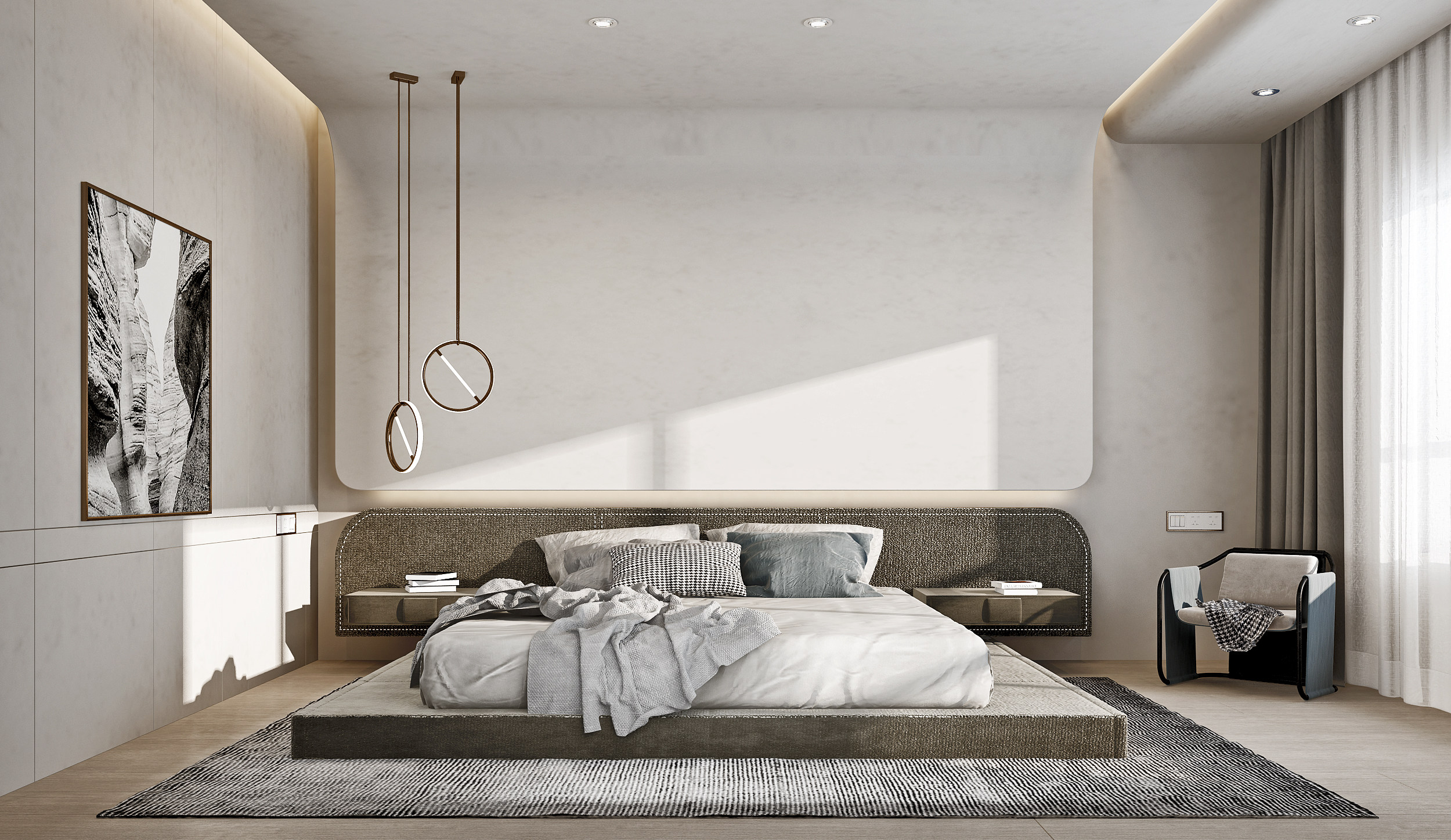 现代卧室布艺双人床,床具组合3d模型下载