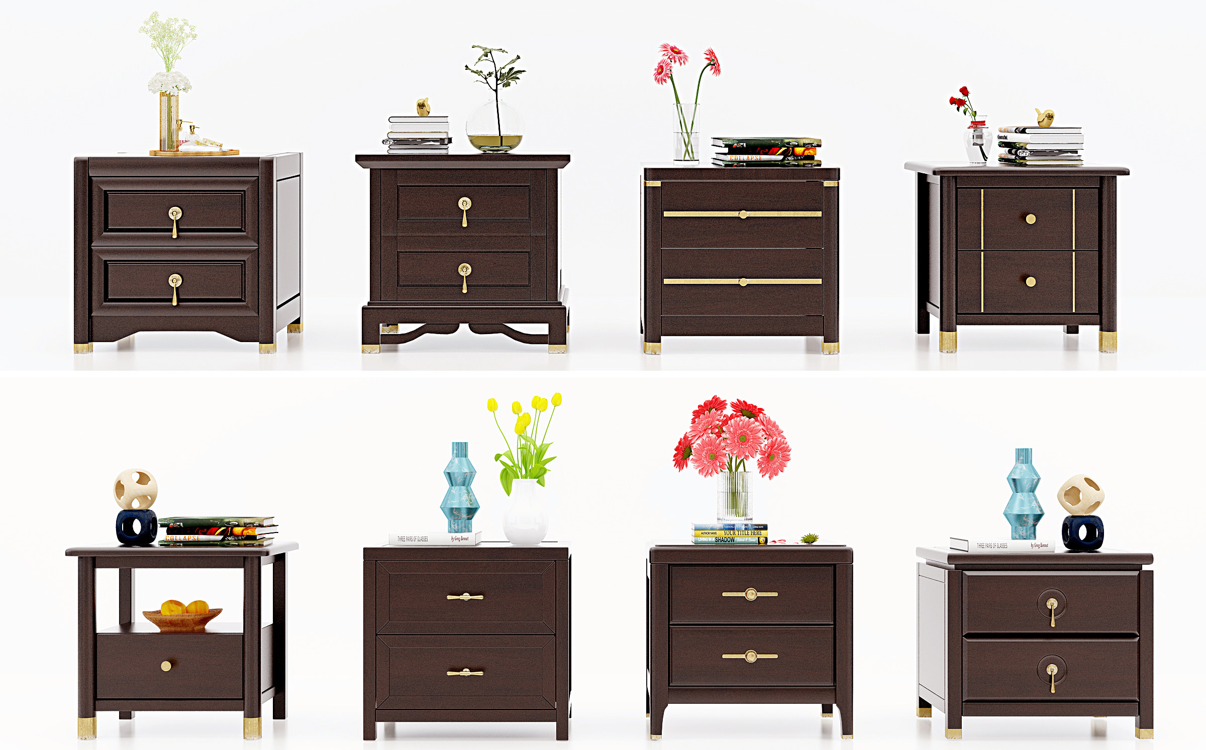 新中式美式实木床头柜组合3d模型下载