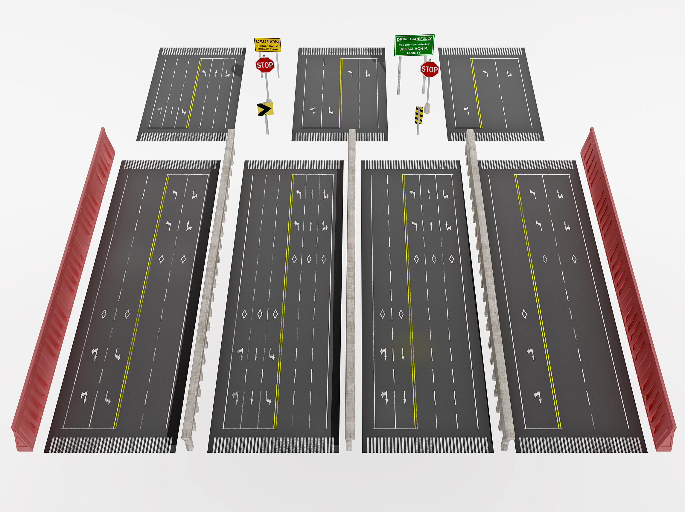 现代，马路，公路，道路,指示牌,车道,间隔栅栏3d模型下载