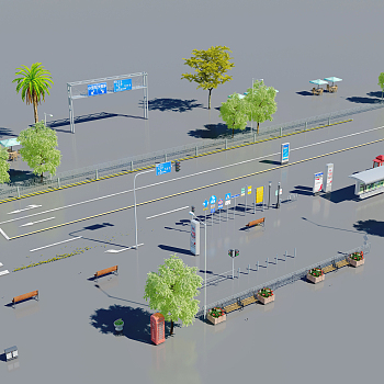 现代道路,马路公路，指示牌户外树木3d模型下载