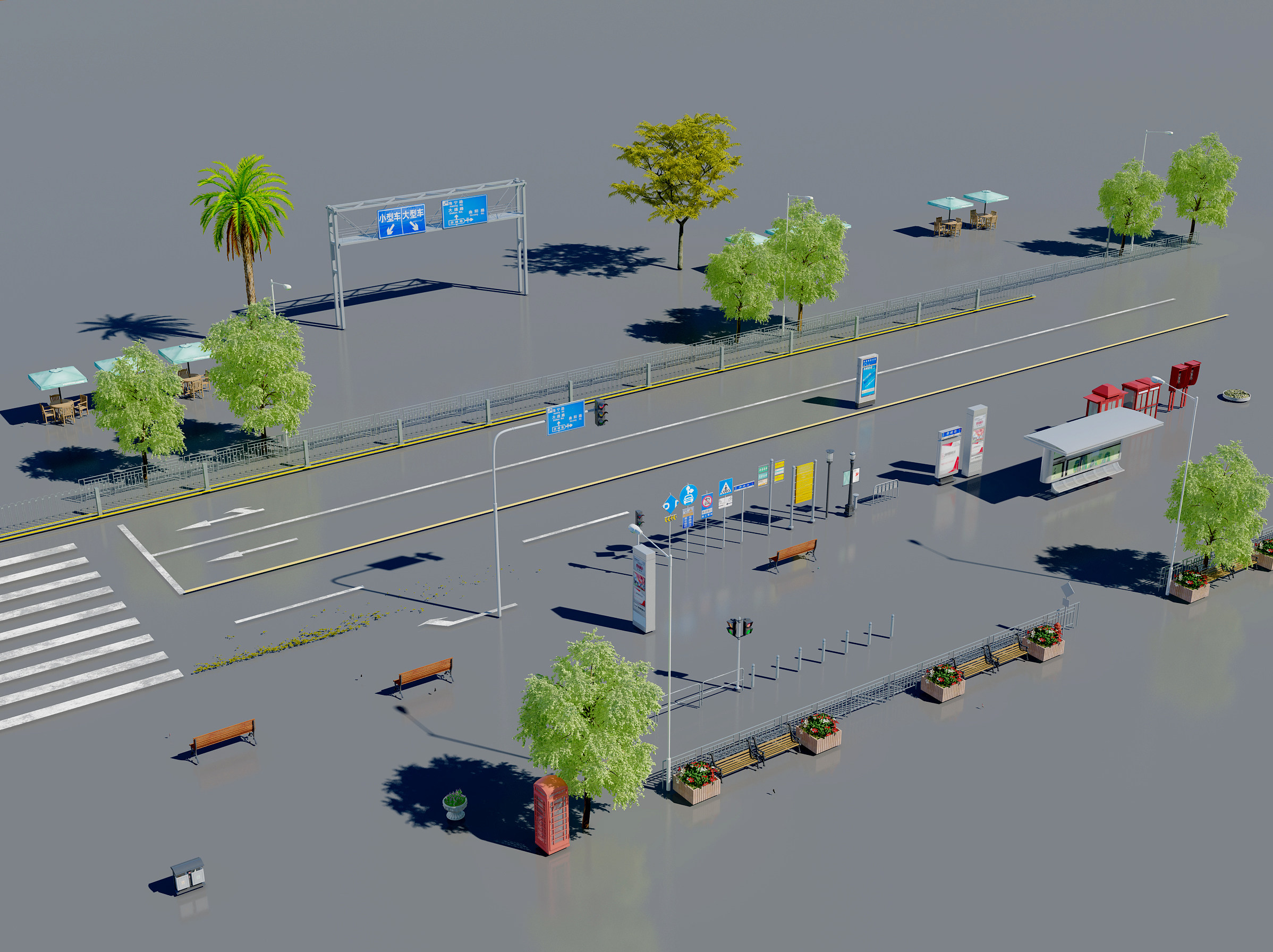 现代道路,马路公路，指示牌户外树木3d模型下载