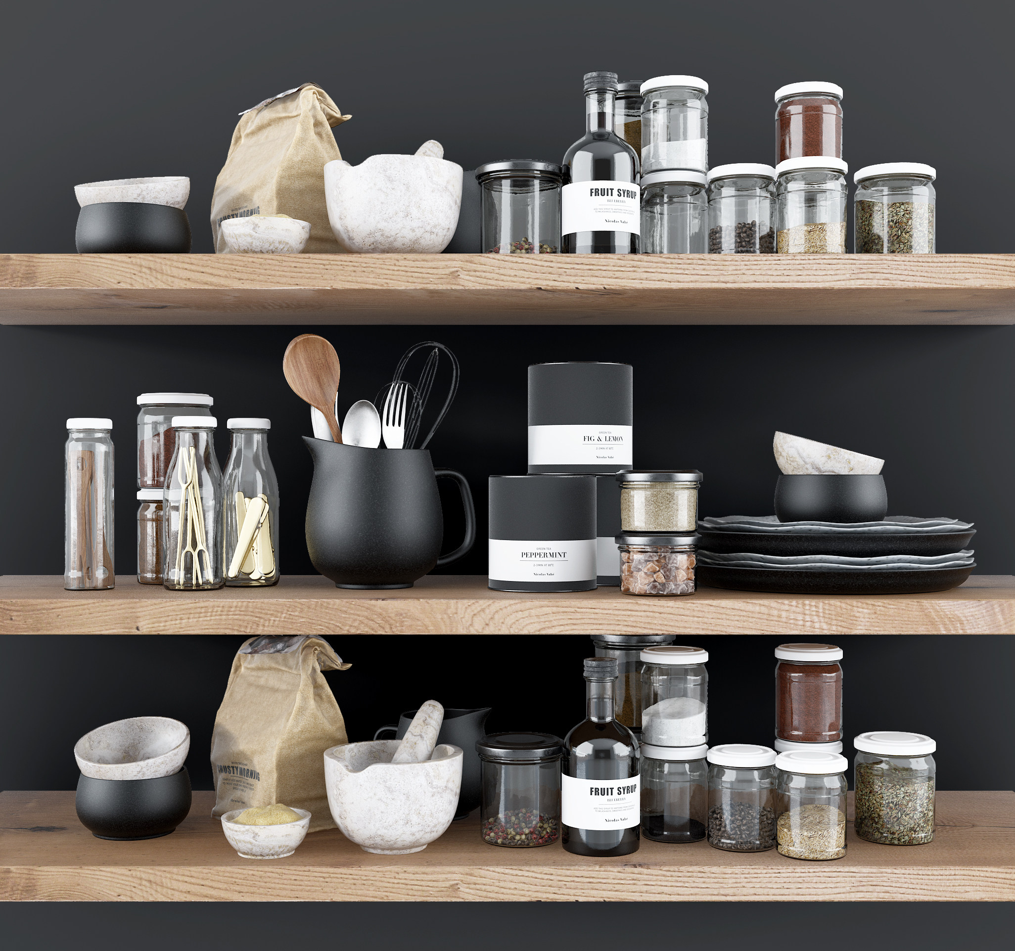 北欧厨房用品组合,器皿,餐具,玻璃罐,3d模型下载