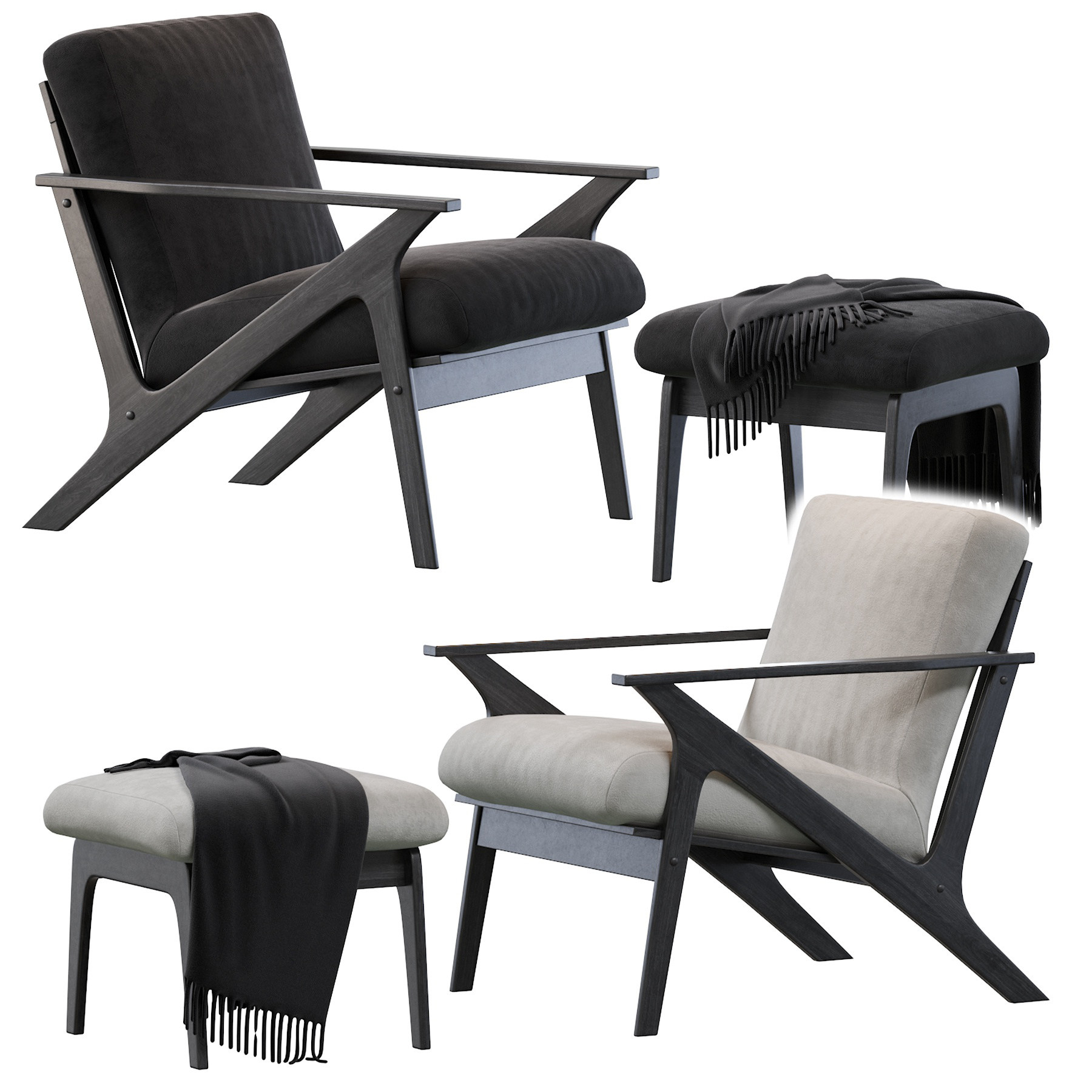 02现代北欧实木布艺休闲椅沙发椅,椅子脚凳毛毯 (1)3d模型下载