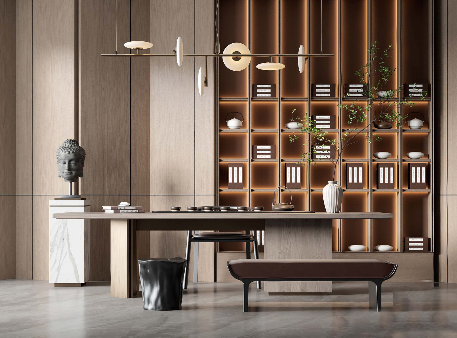新中式茶室书柜茶桌椅3d模型下载