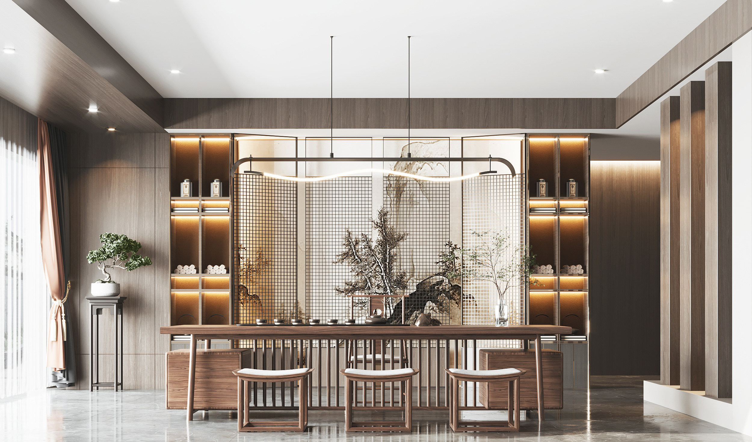 新中式茶室,茶桌椅组合3d模型下载