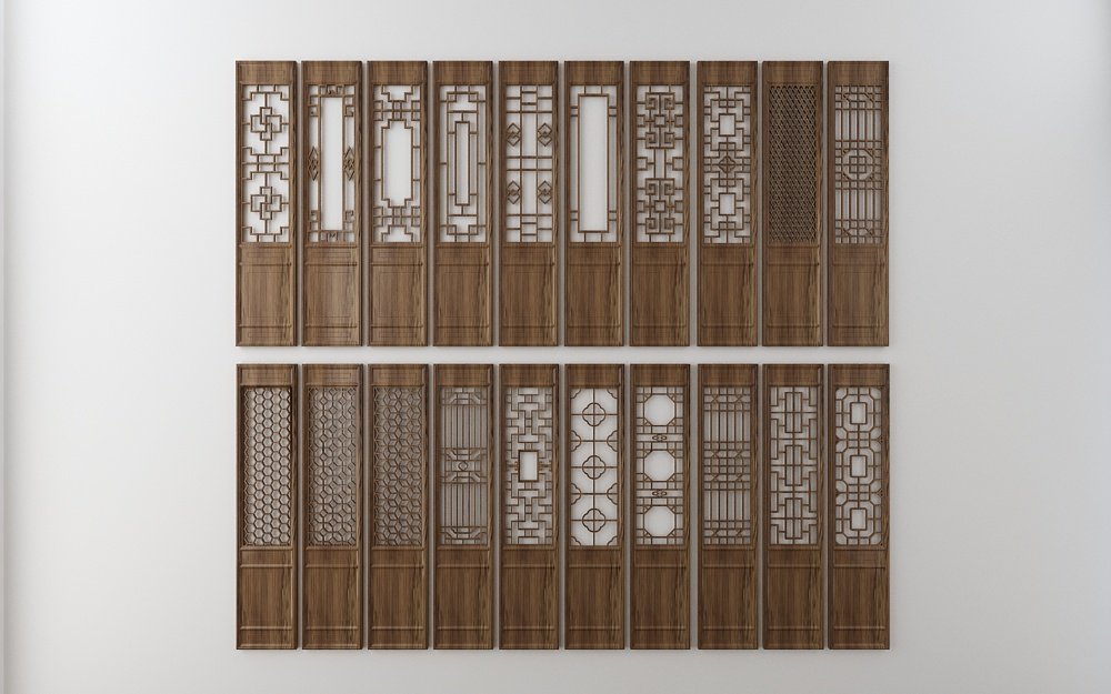 中式古典实木花窗门扇，实木，花格，屏风隔断组合3d模型下载