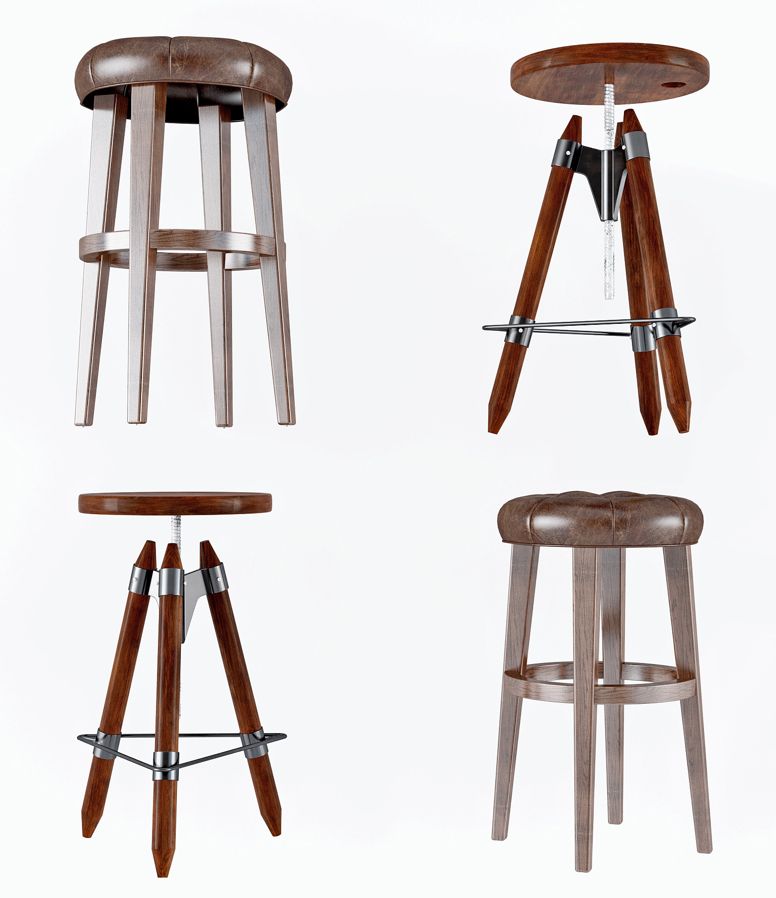 工业风美式圆形吧凳，吧椅组合3d模型下载