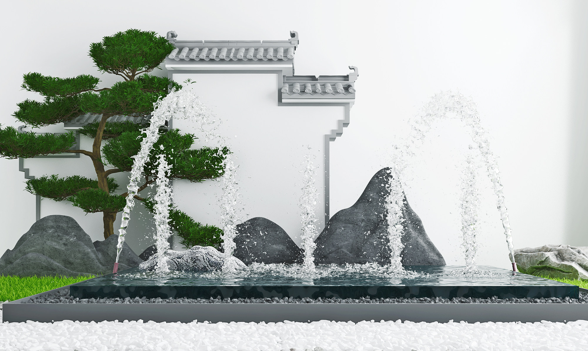 新中式景观水景园林造景,石头喷泉马头墙3d模型下载
