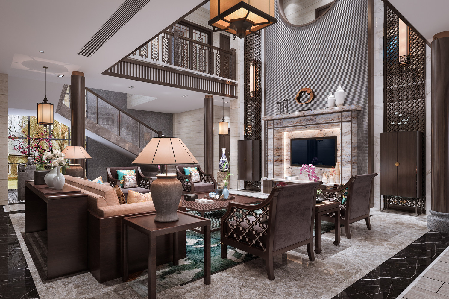中式别墅客厅，沙发3d模型下载