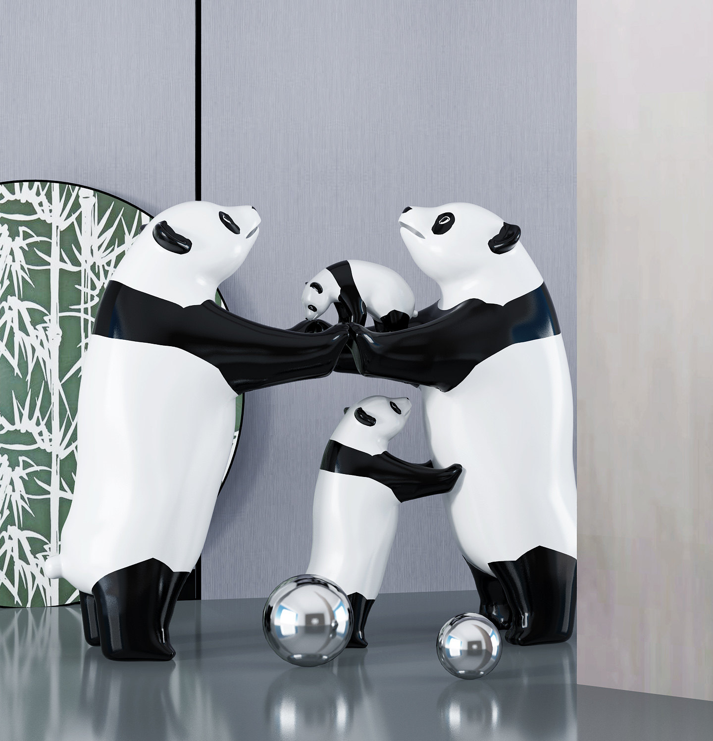 新中式熊猫雕塑,雕像,塑像,摆件3d模型下载