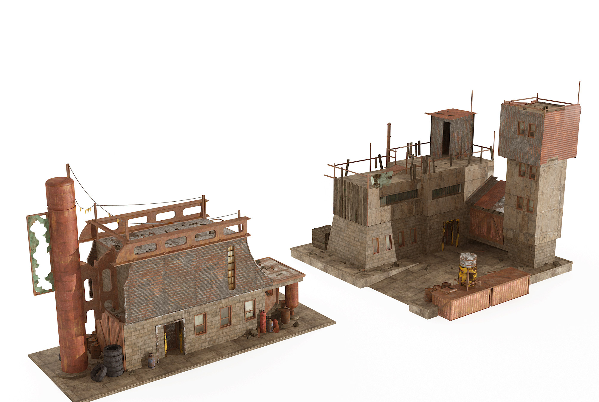 工业LOFT废墟,游戏废墟建筑外观3d模型下载