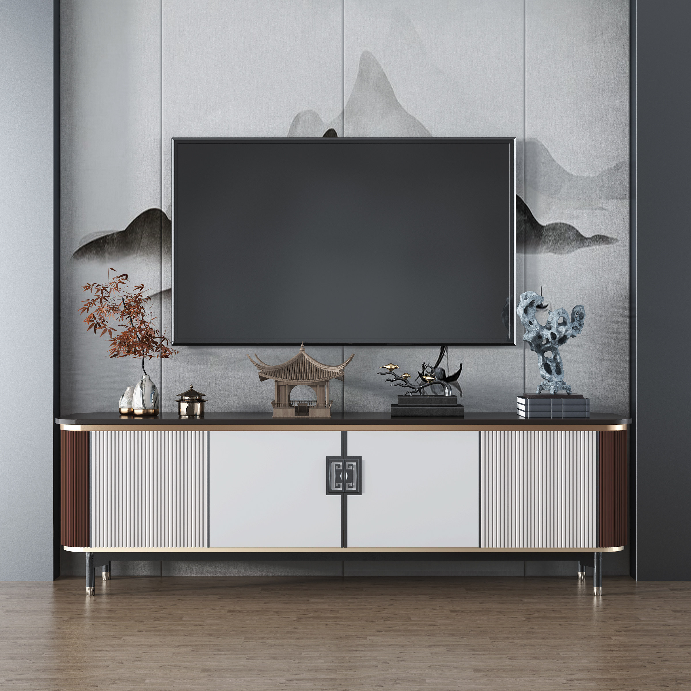 新中式电视柜,3d模型下载