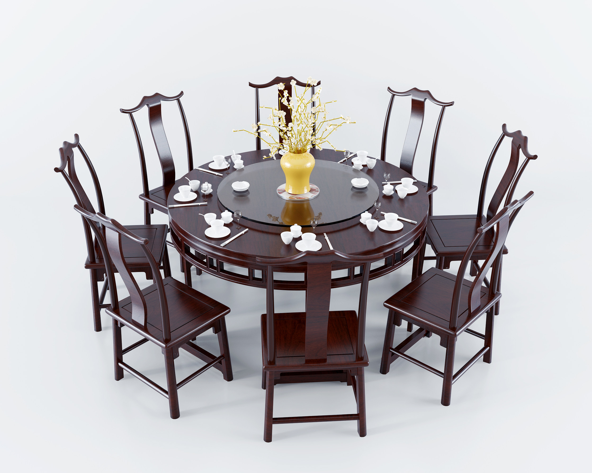 中式实木圆形餐桌椅组合3d模型下载