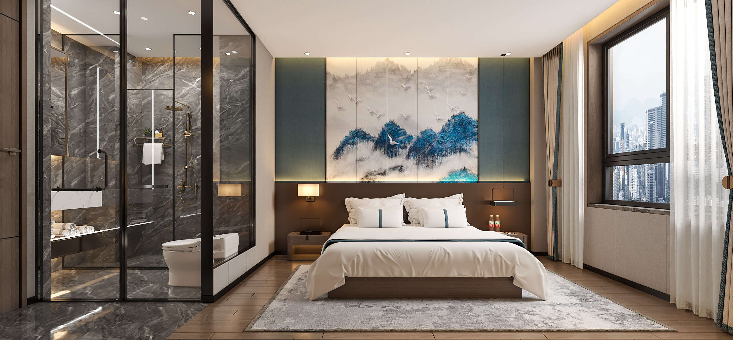新中式酒店客房3d模型下载