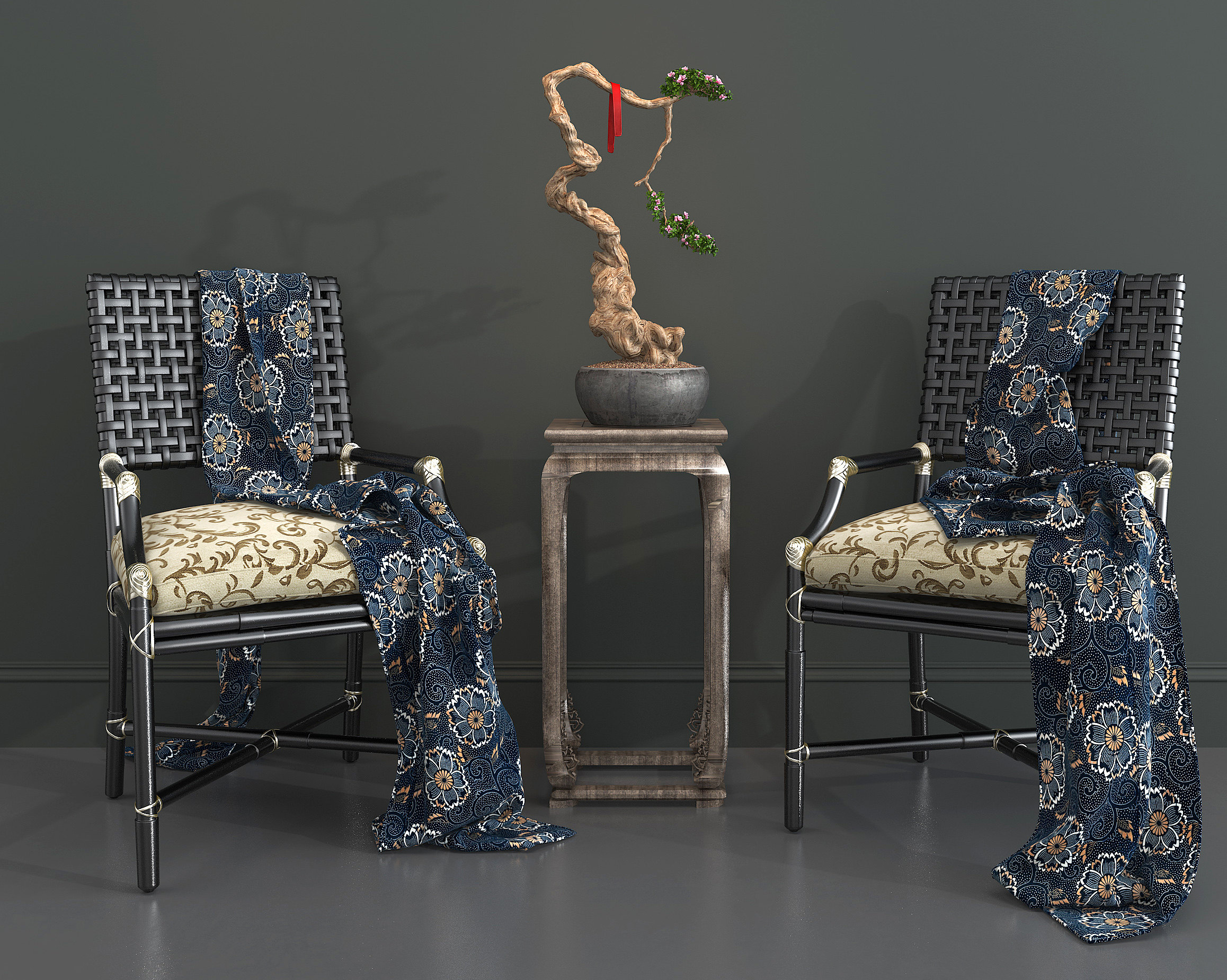 新中式黑色编织椅子花架3d模型下载