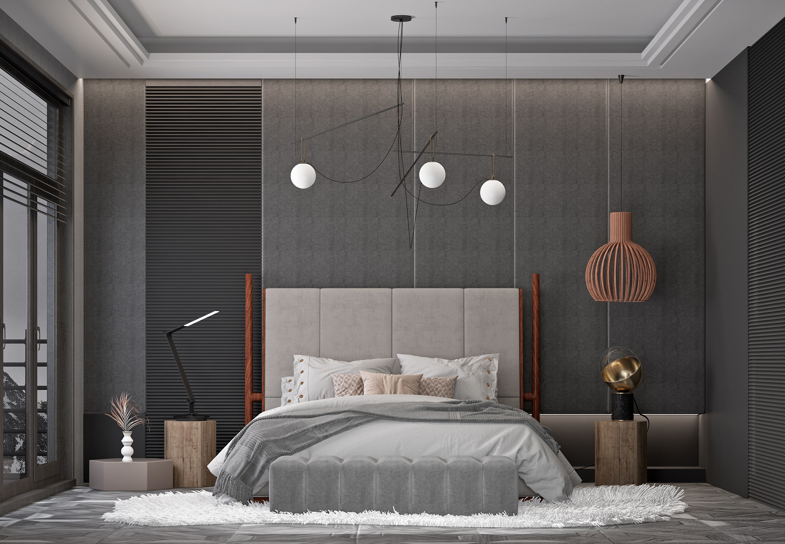 现代卧室,双人床,球形吊灯,边几,台灯3d模型下载
