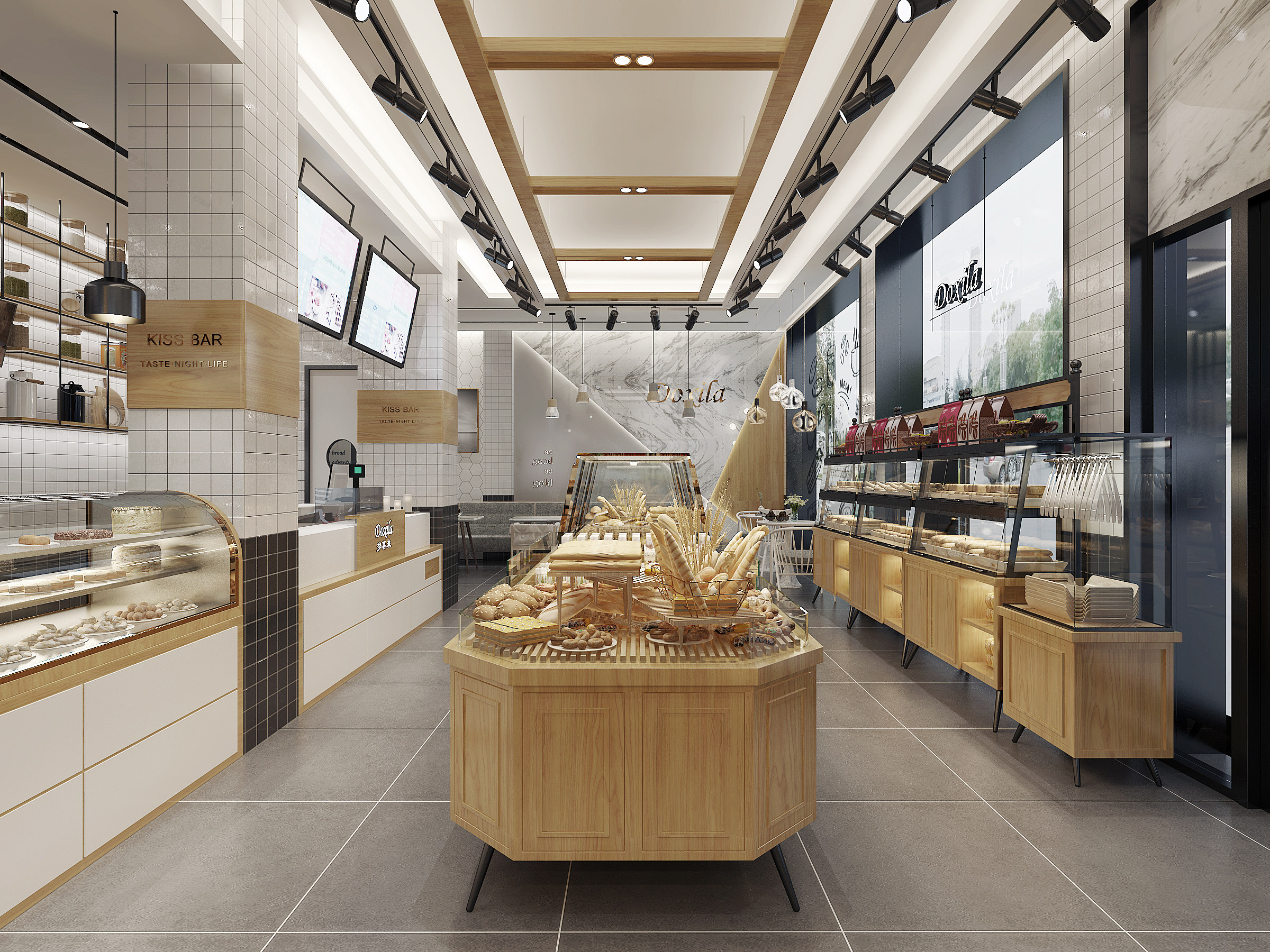 现代面包甜品糕点店,货架,食物,餐桌餐椅组合3d模型下载