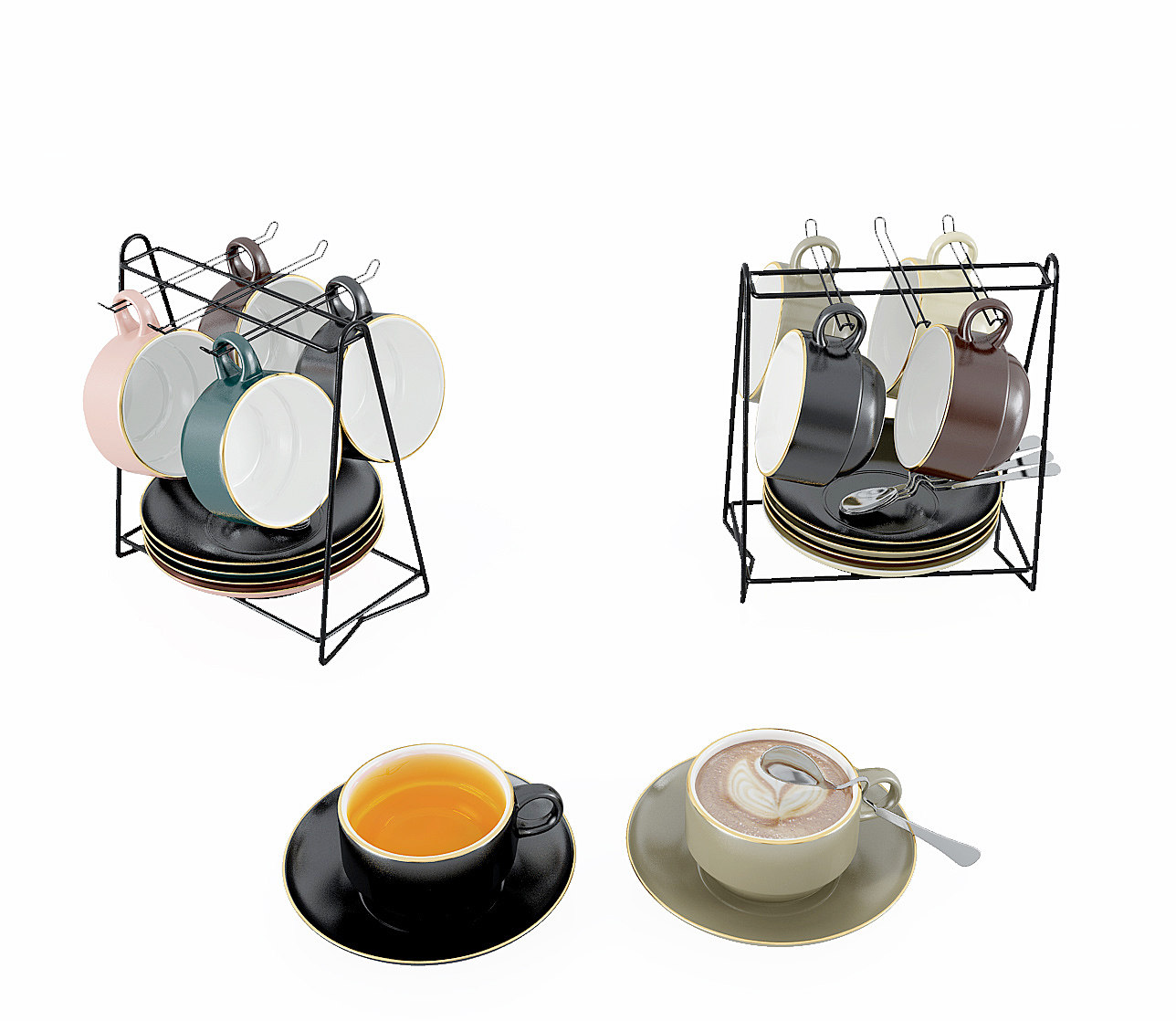 欧式茶杯,咖啡杯套装组合,餐具, 3d模型下载
