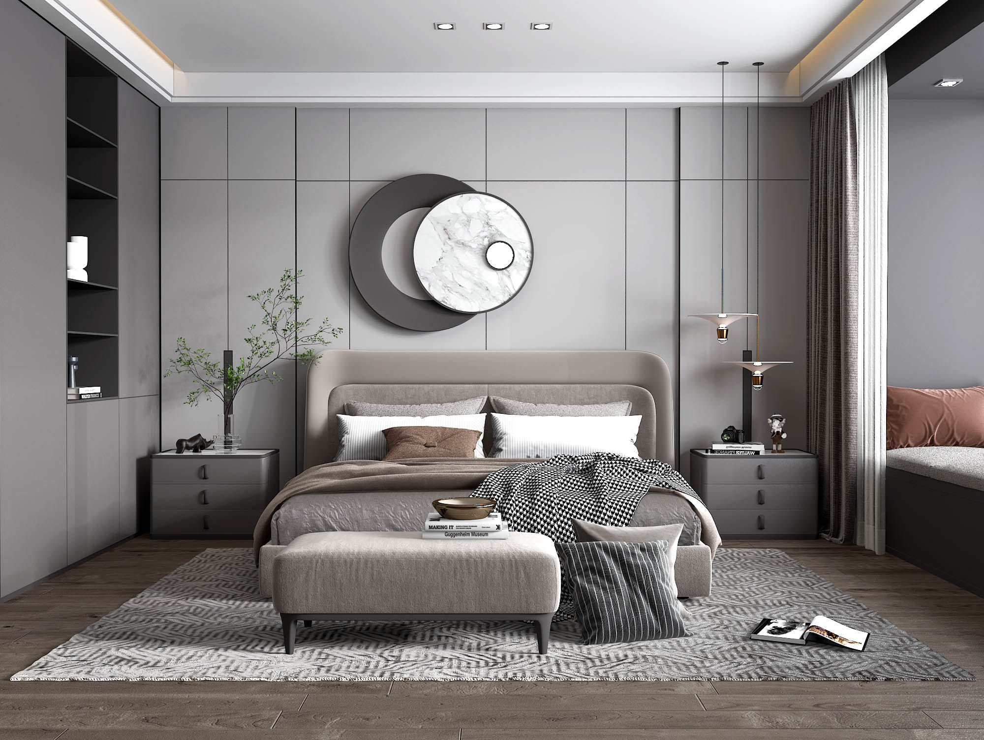 现代家居卧室,双人床,尾凳,床头柜,吊灯3d模型下载