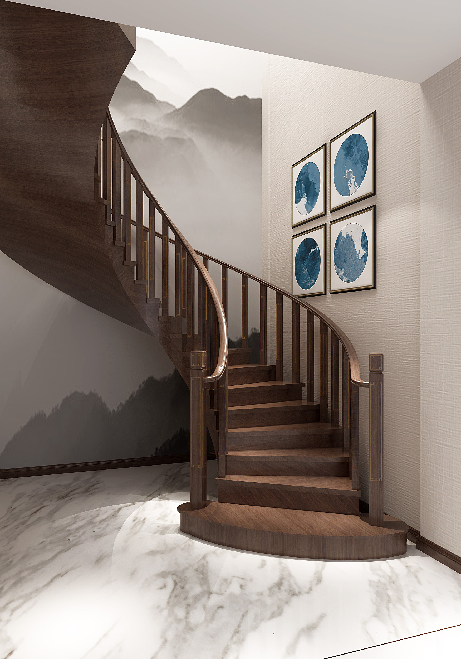 新中式实木楼梯栏杆,楼梯3d模型下载