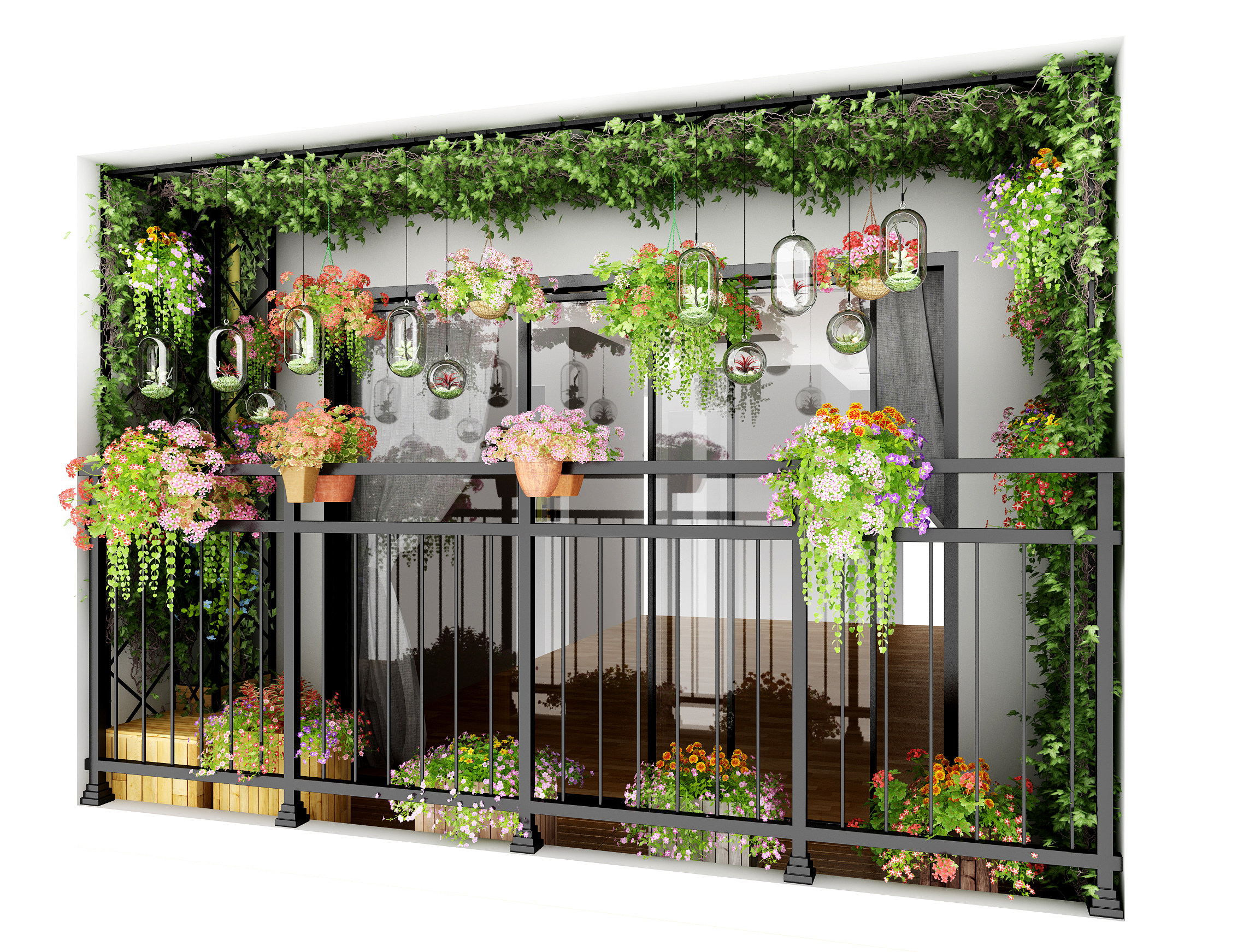 现代阳台植物吊篮吊装绿植藤蔓盆栽,盆景,3d模型下载