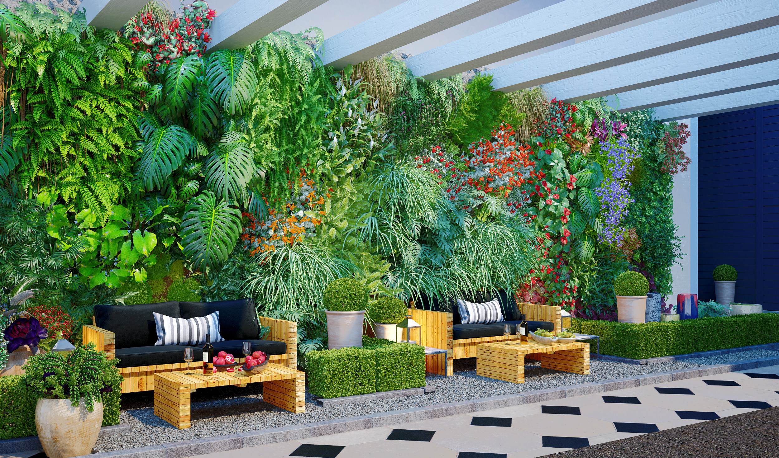 现代植物墙,庭院休息区,3d模型下载