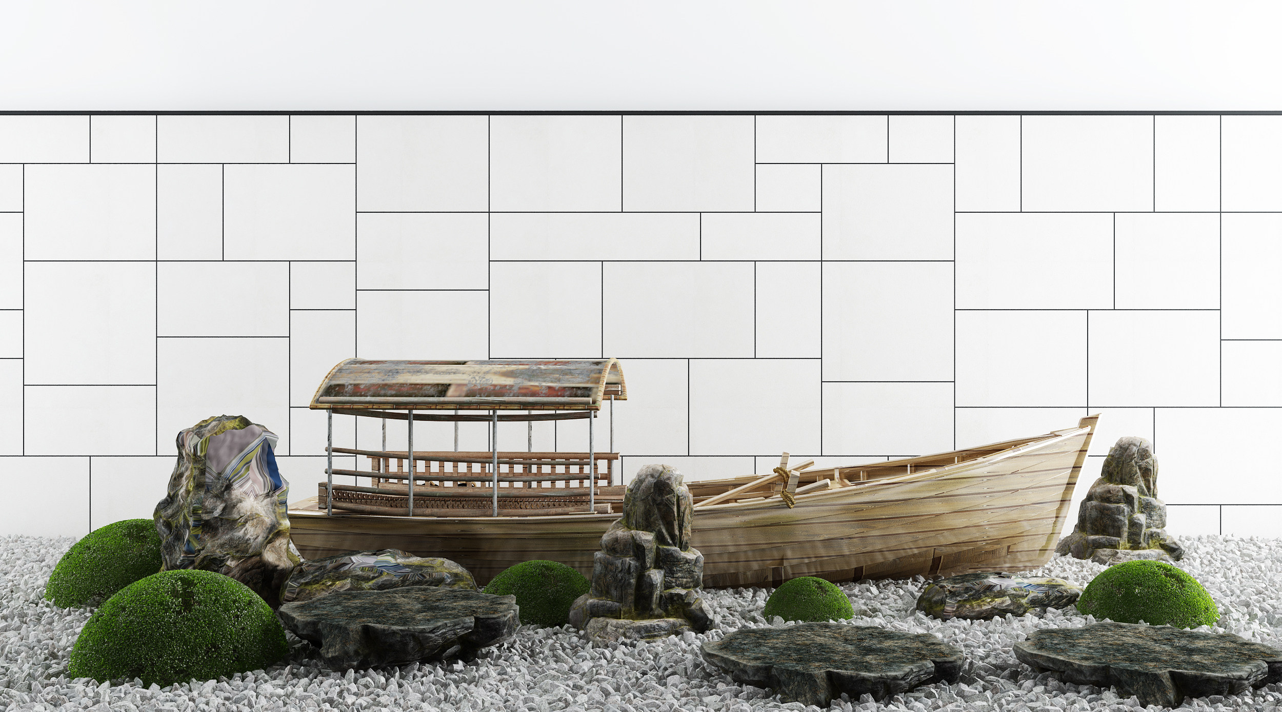 新中式景观小品,玄关造景 ，石头木船3d模型下载