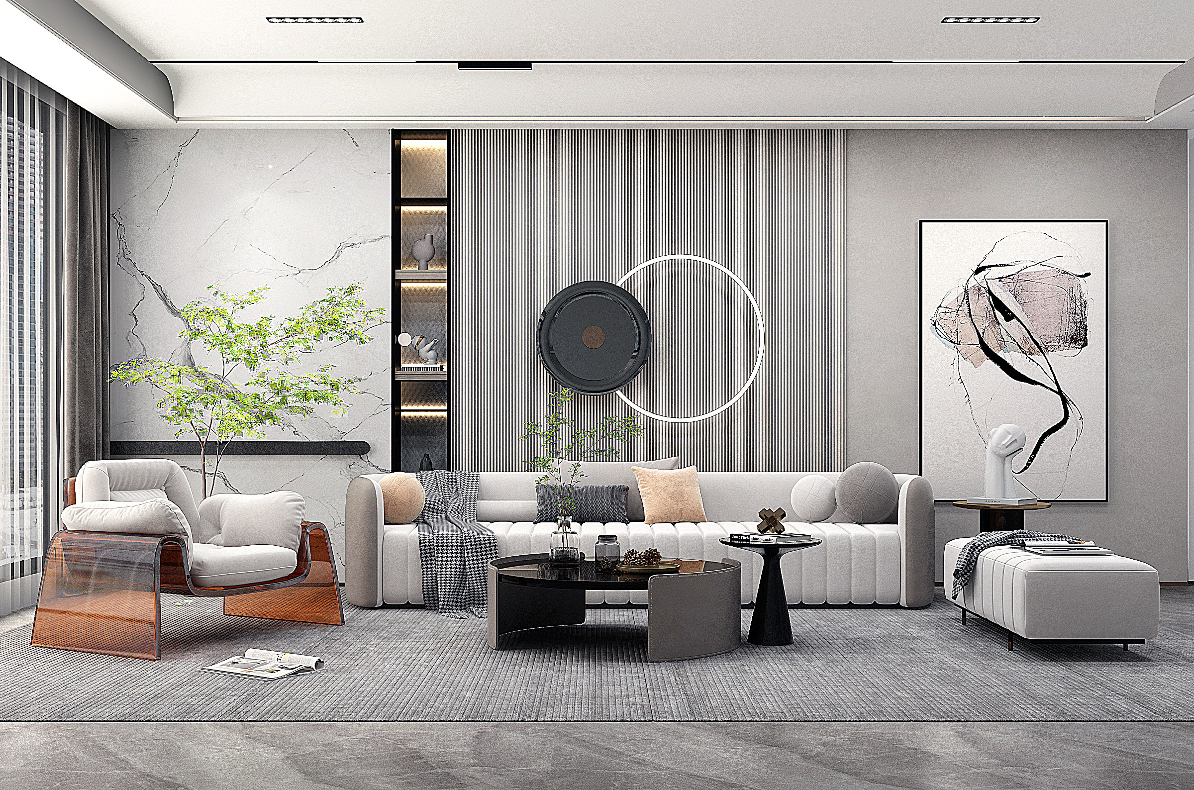 现代布艺沙发，单人沙发，圆形茶几3d模型下载