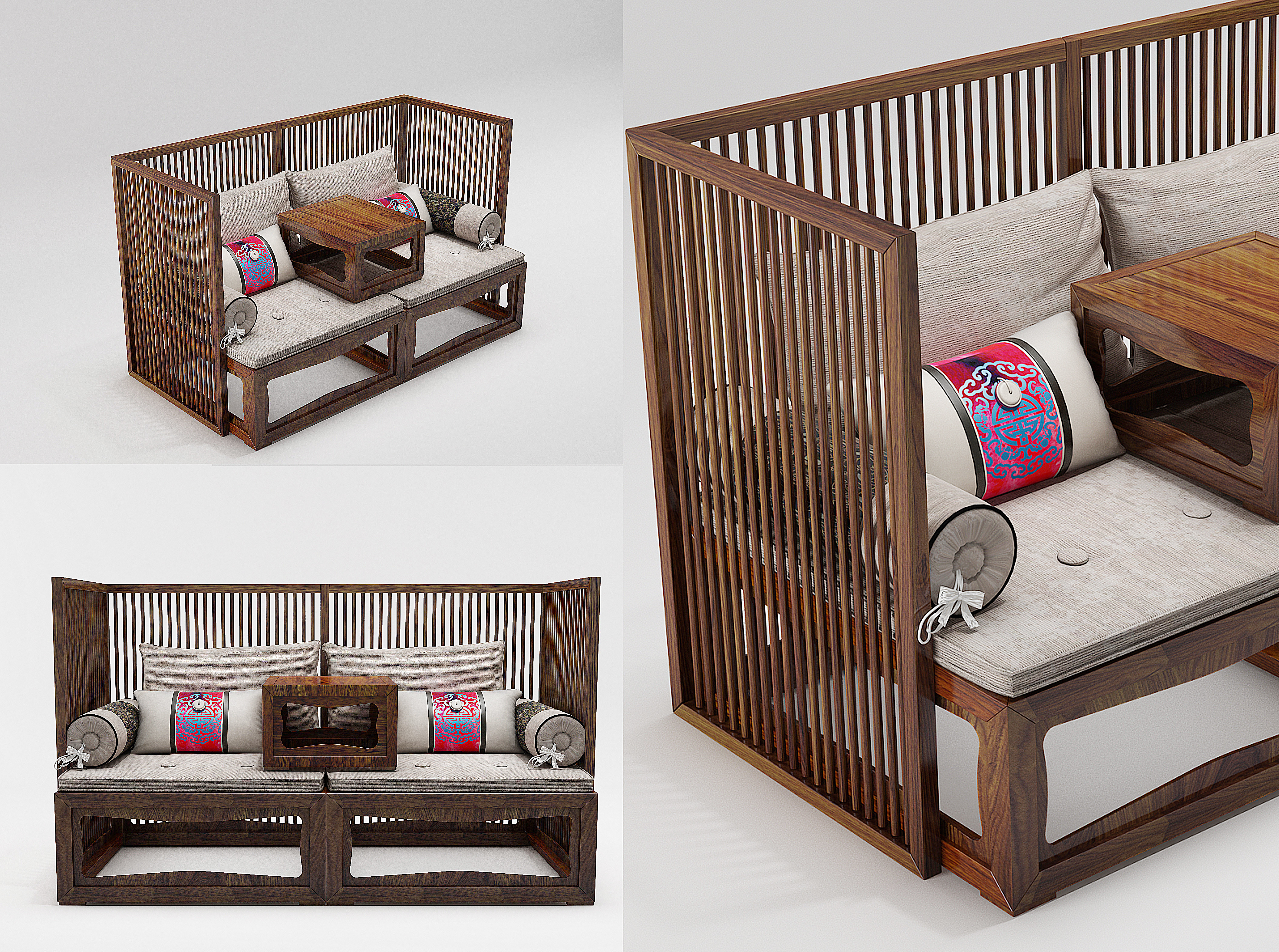 新中式实木罗汉床双人沙发炕桌3d模型下载