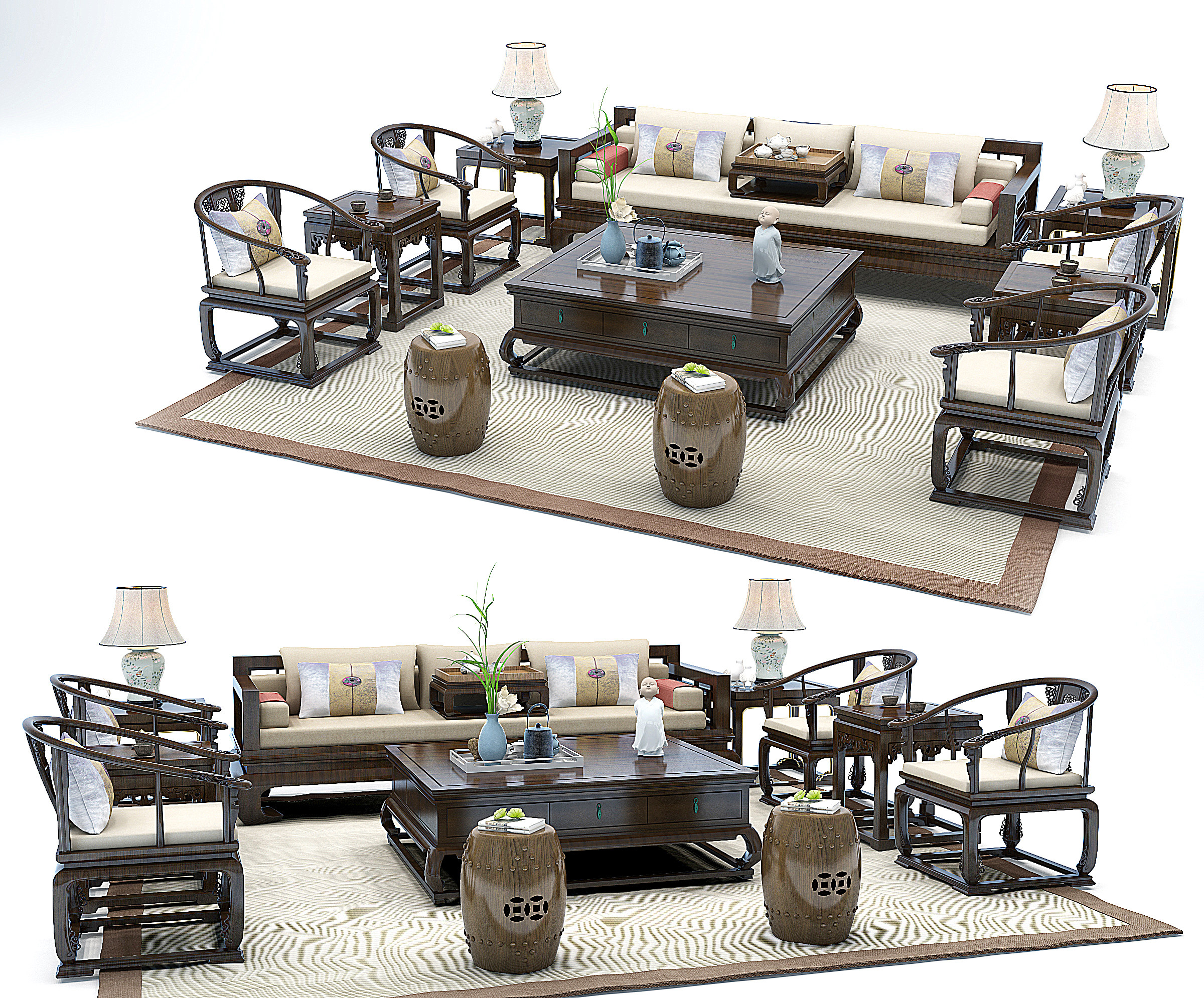 新中式古典实木沙发茶几，鼓凳，圈椅组合3d模型下载