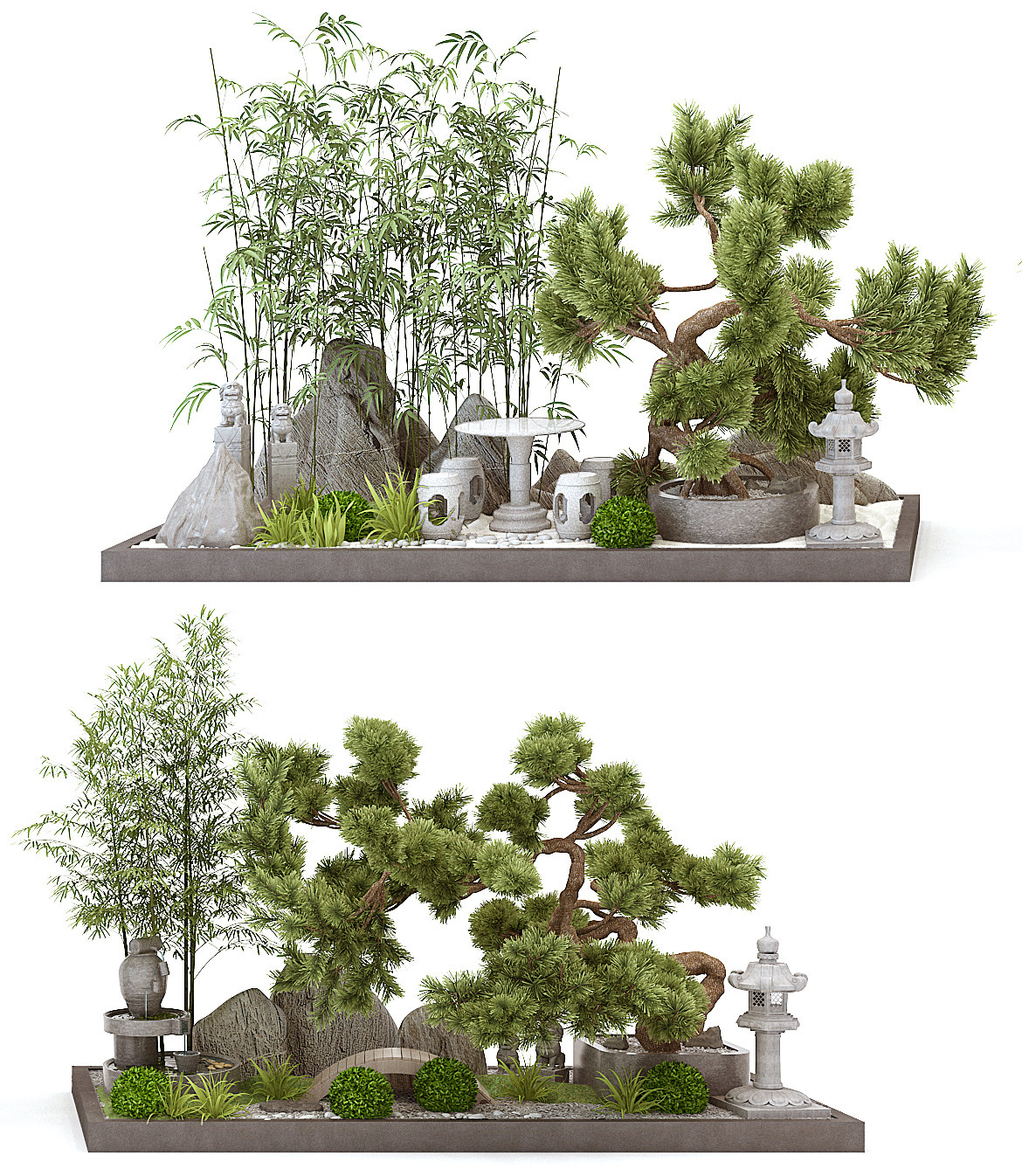 新中式松树翠竹景观小品，石头竹子3d模型下载