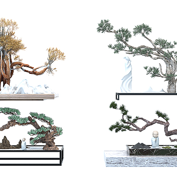 中式禅意松树盆景佛像摆件3d模型下载