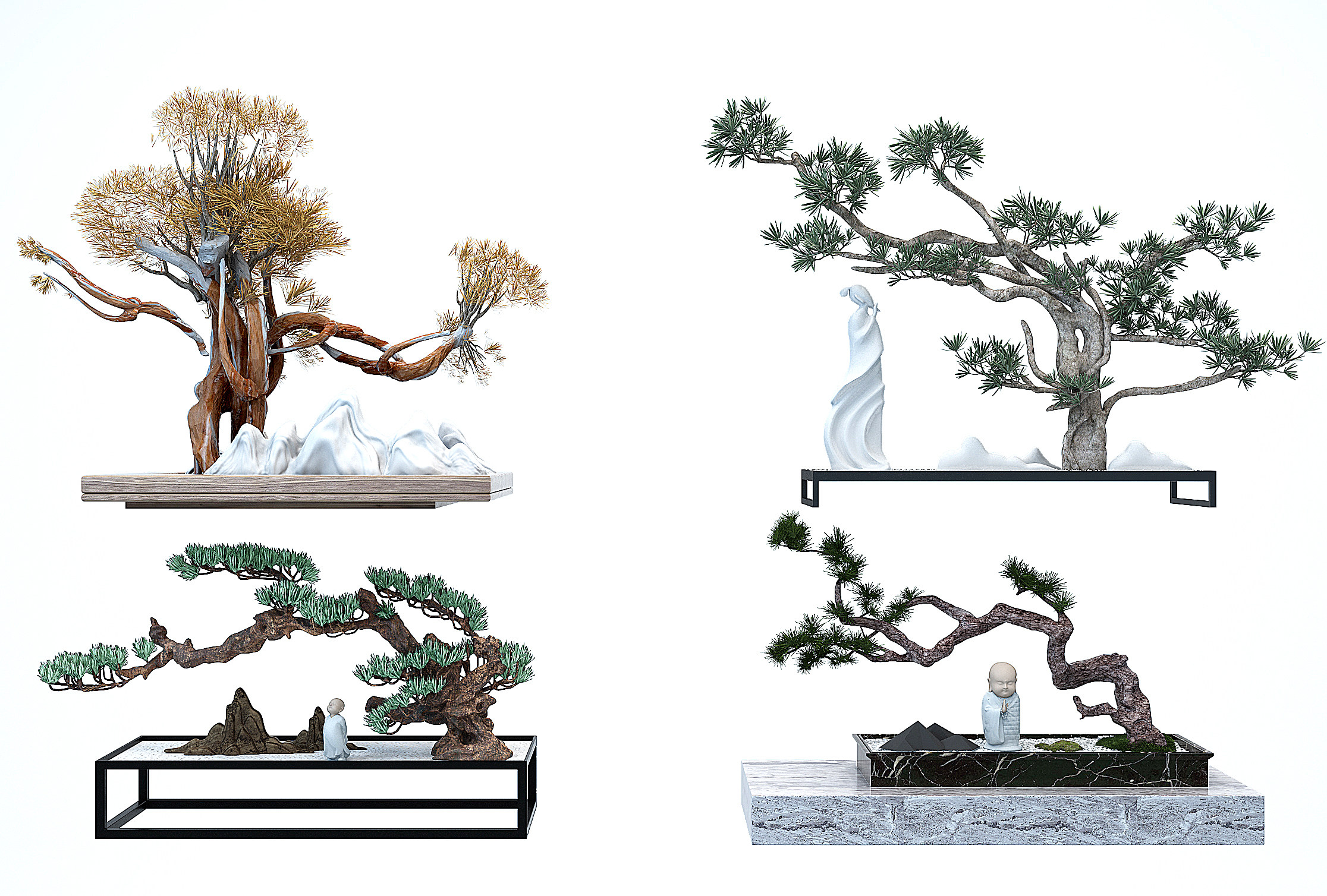 中式禅意松树盆景佛像摆件3d模型下载