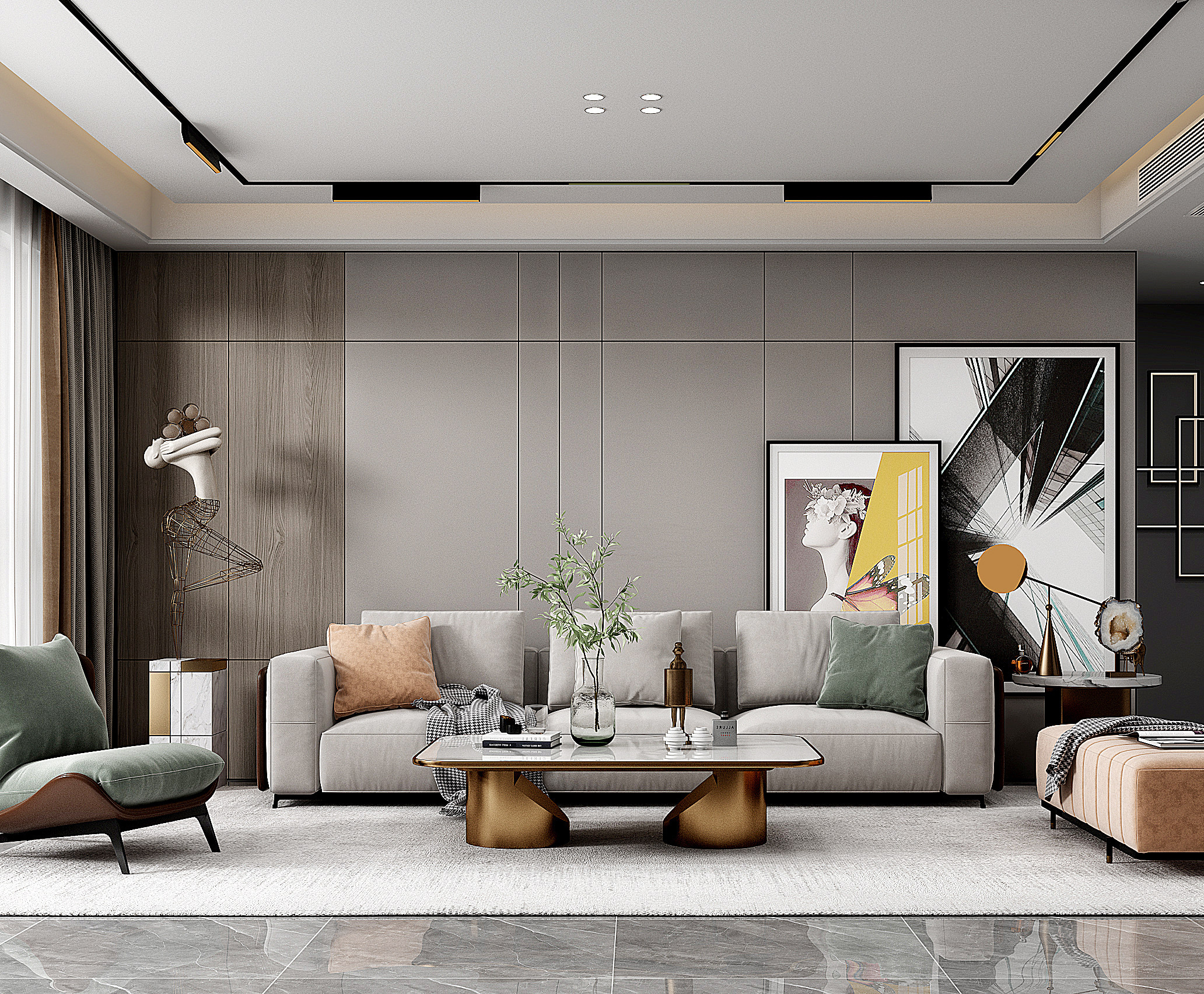 现代客厅沙发、现代茶几、挂画3d模型下载