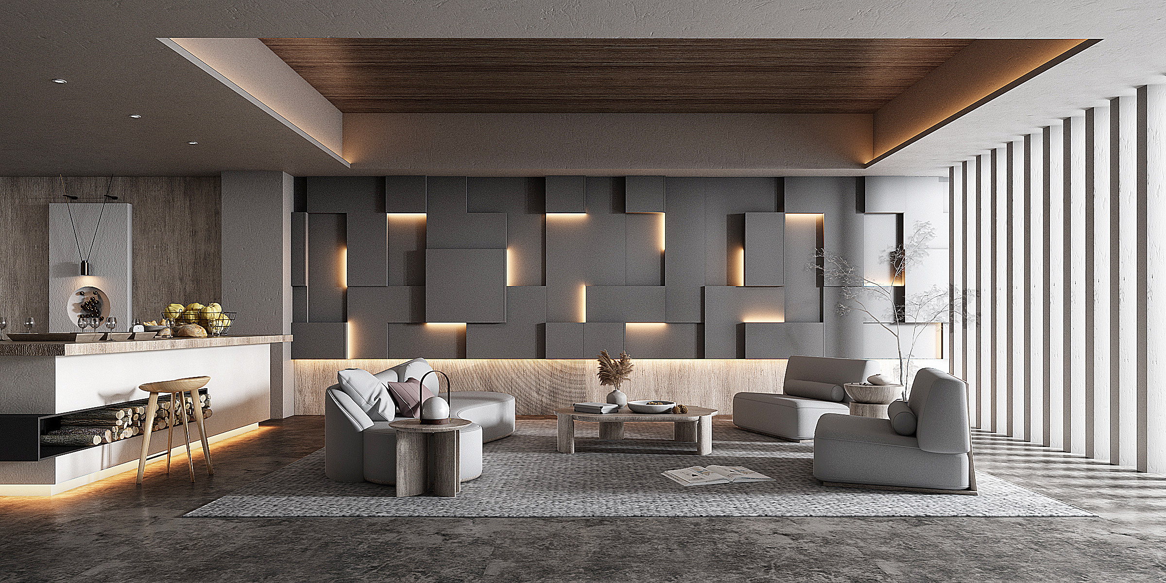 侘寂客厅，餐厅岛台，中岛，造型墙面沙发3d模型下载