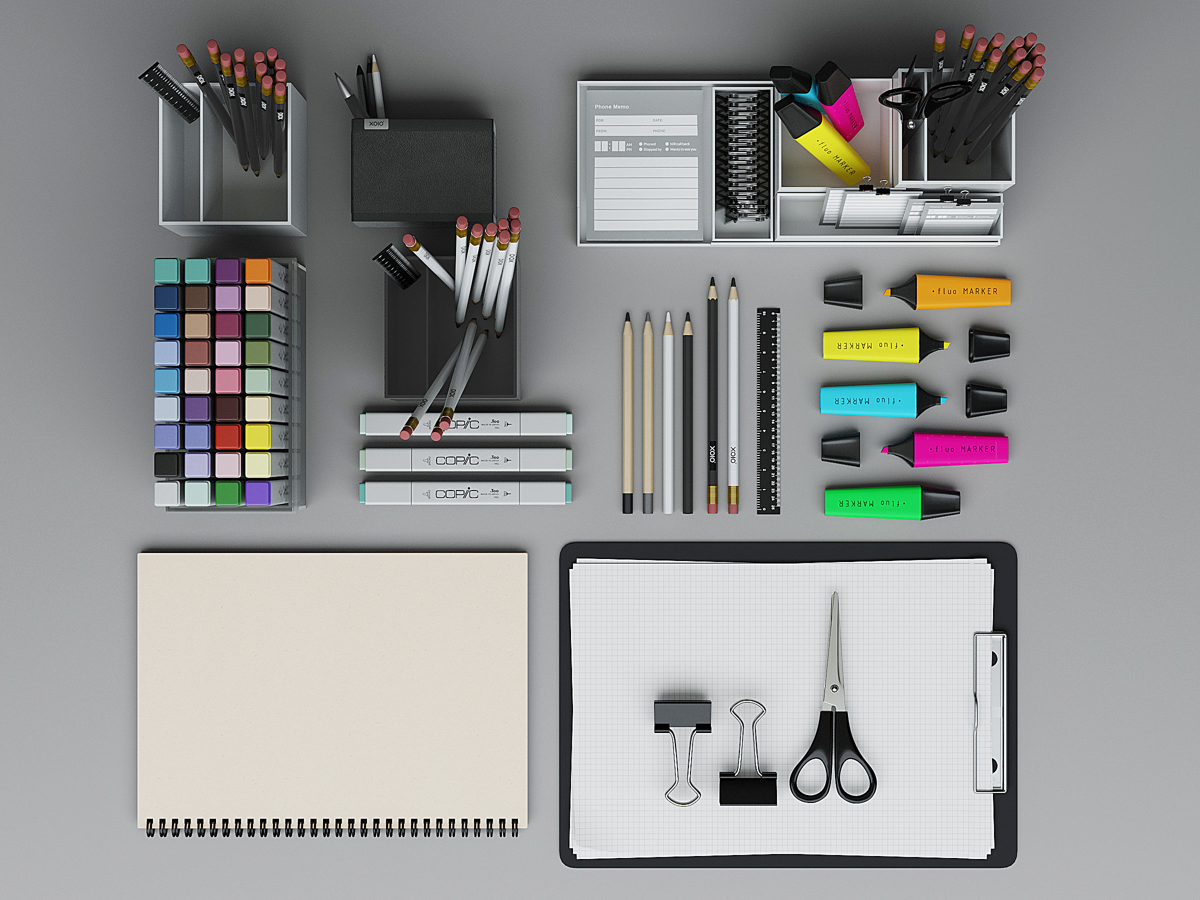 办公室文具、铅笔、剪刀、马克笔3d模型下载