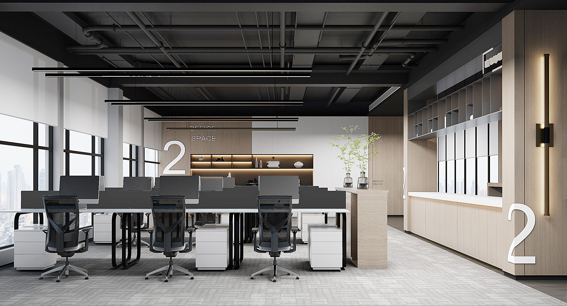 现代敞开式办公室，员工工位3d模型下载