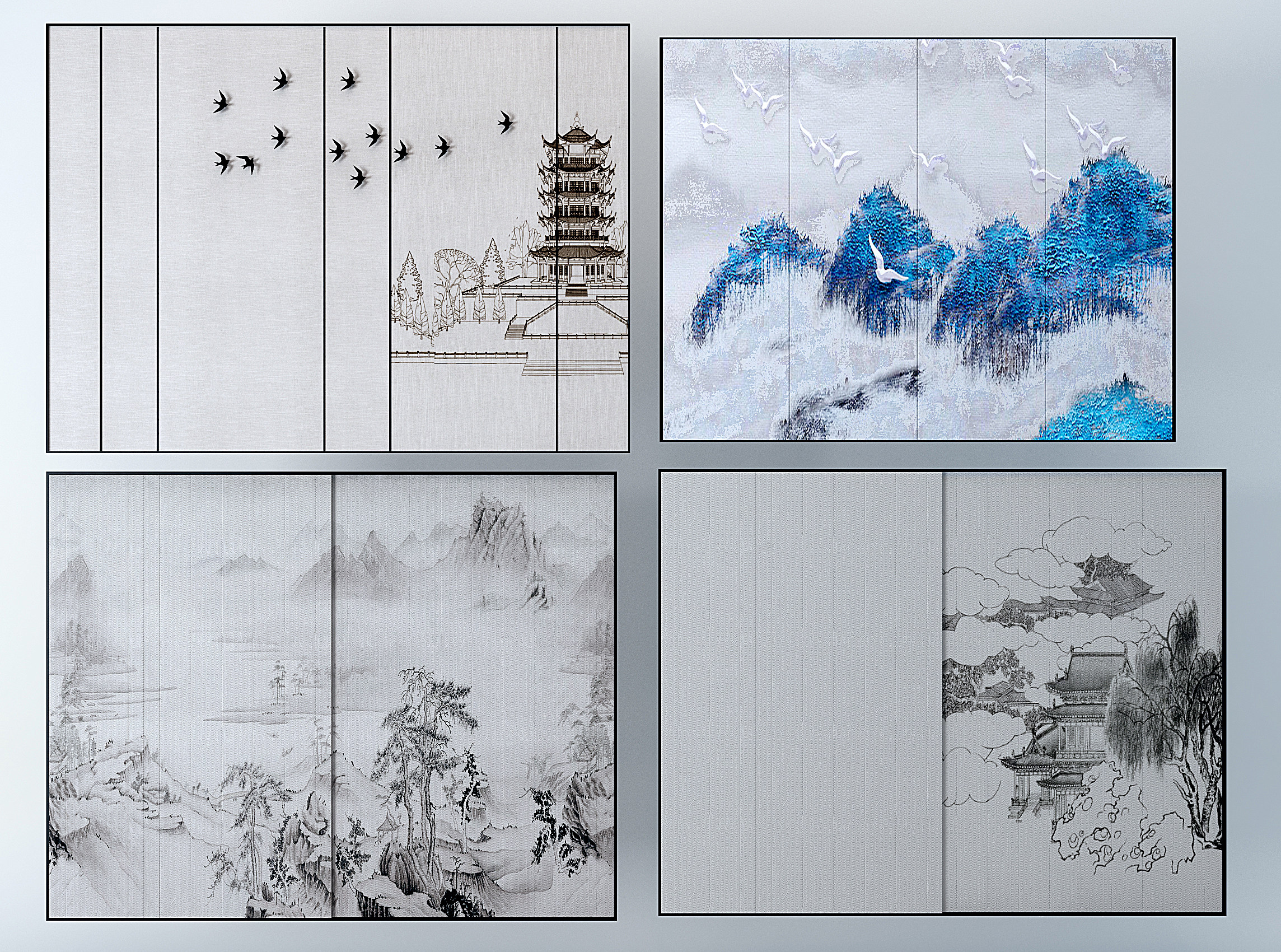 新中式水墨画硬包背景墙，装饰画3d模型下载