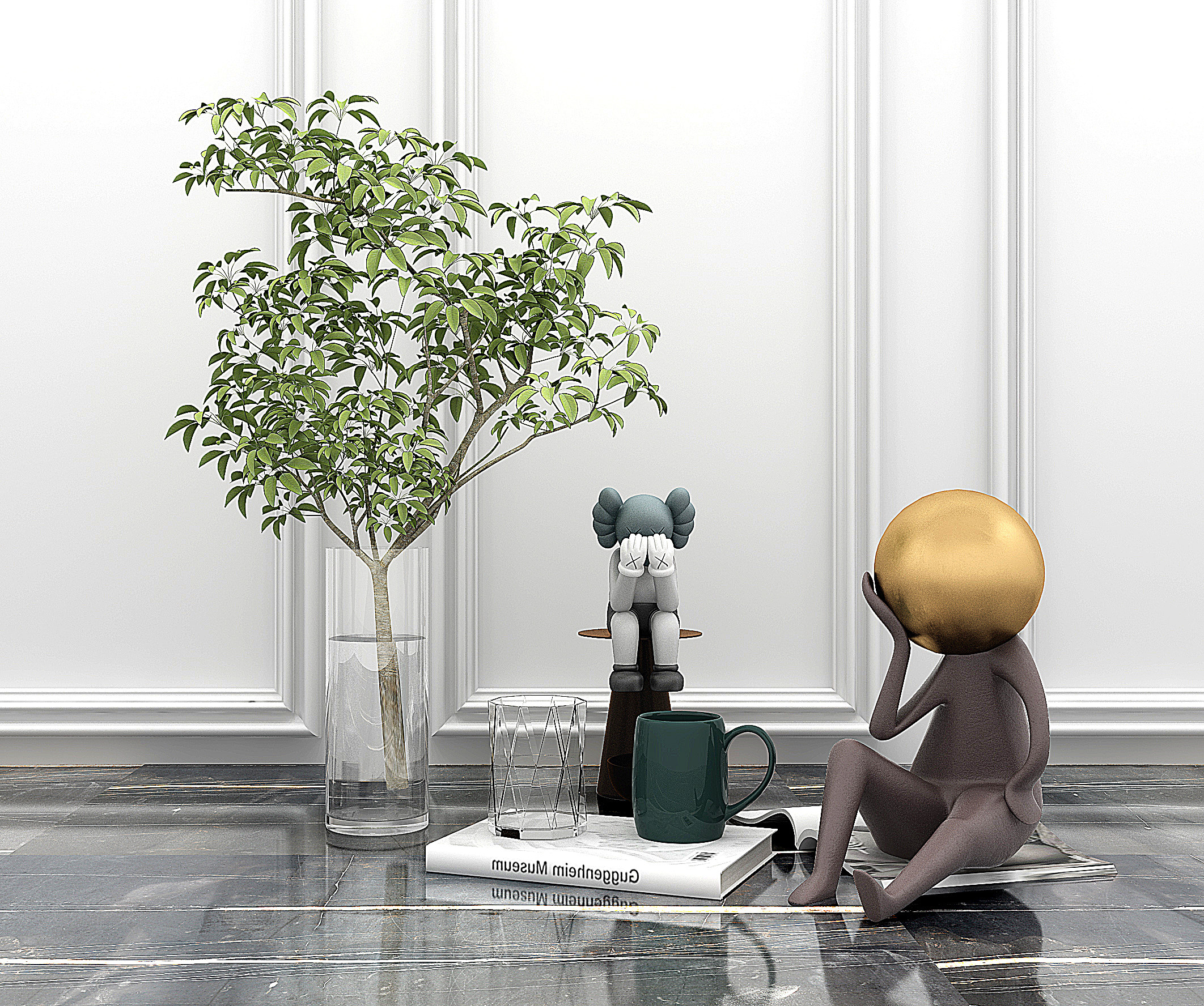 现代雕塑公仔，玻璃花瓶水生植物3d模型下载