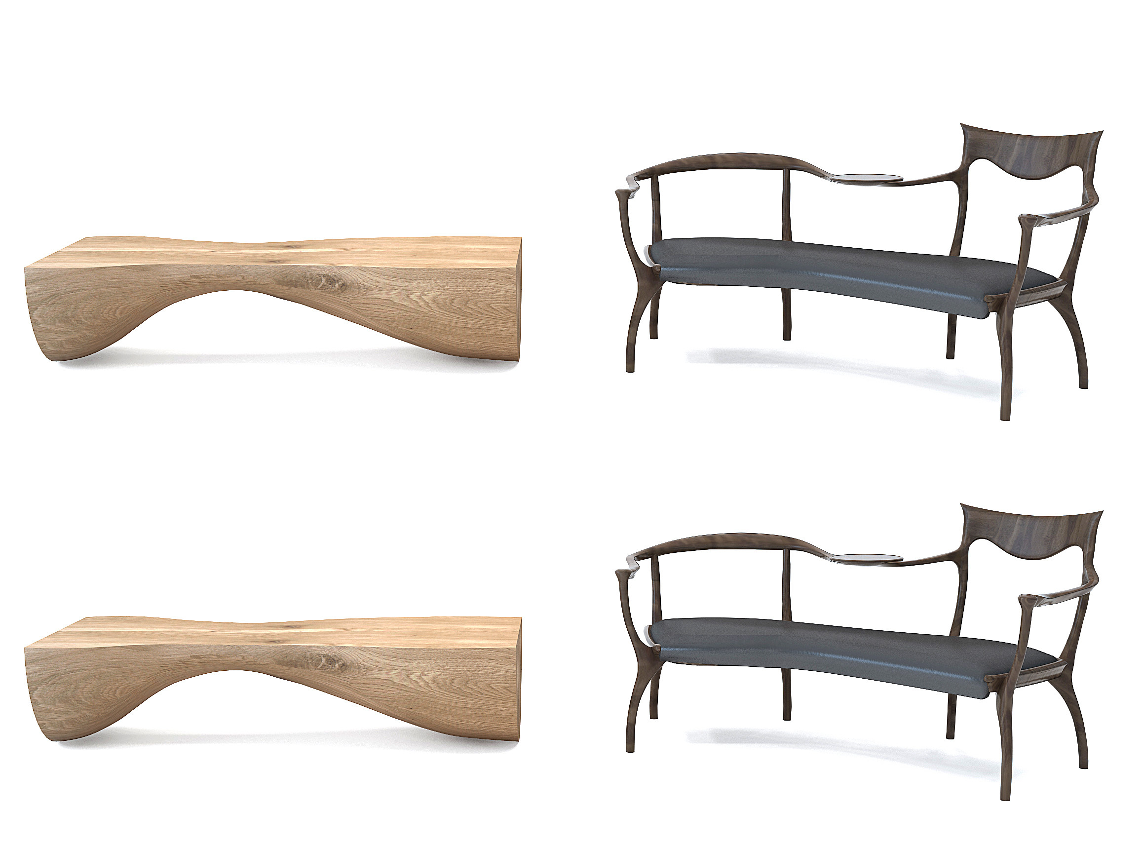 新中式异形长椅靠椅，木头长条凳，3d模型下载