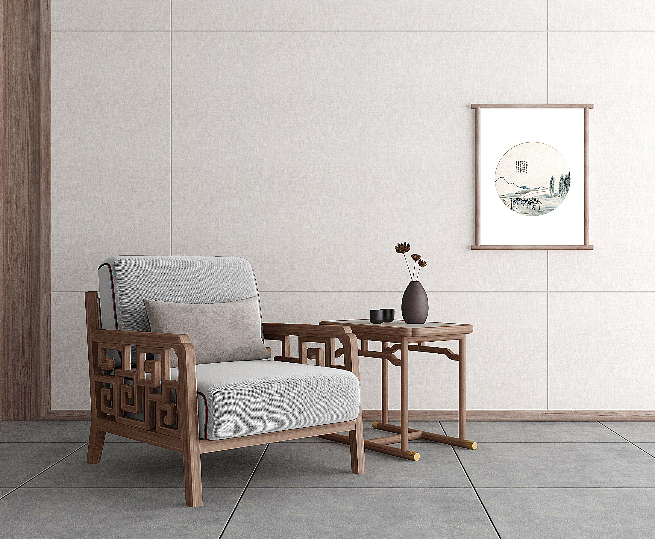 新中式布艺单人休闲椅子边几组合3d模型下载