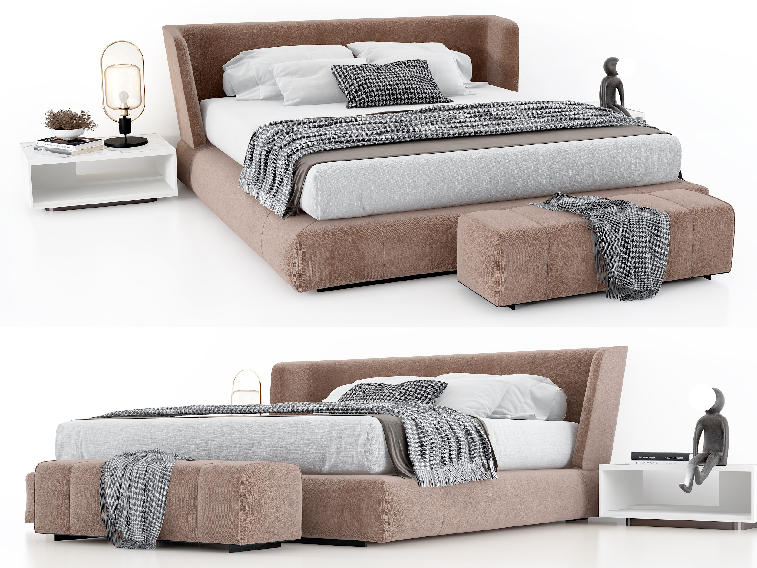 意大利 Minotti 现代双人床，床头柜,床具组合3d模型下载