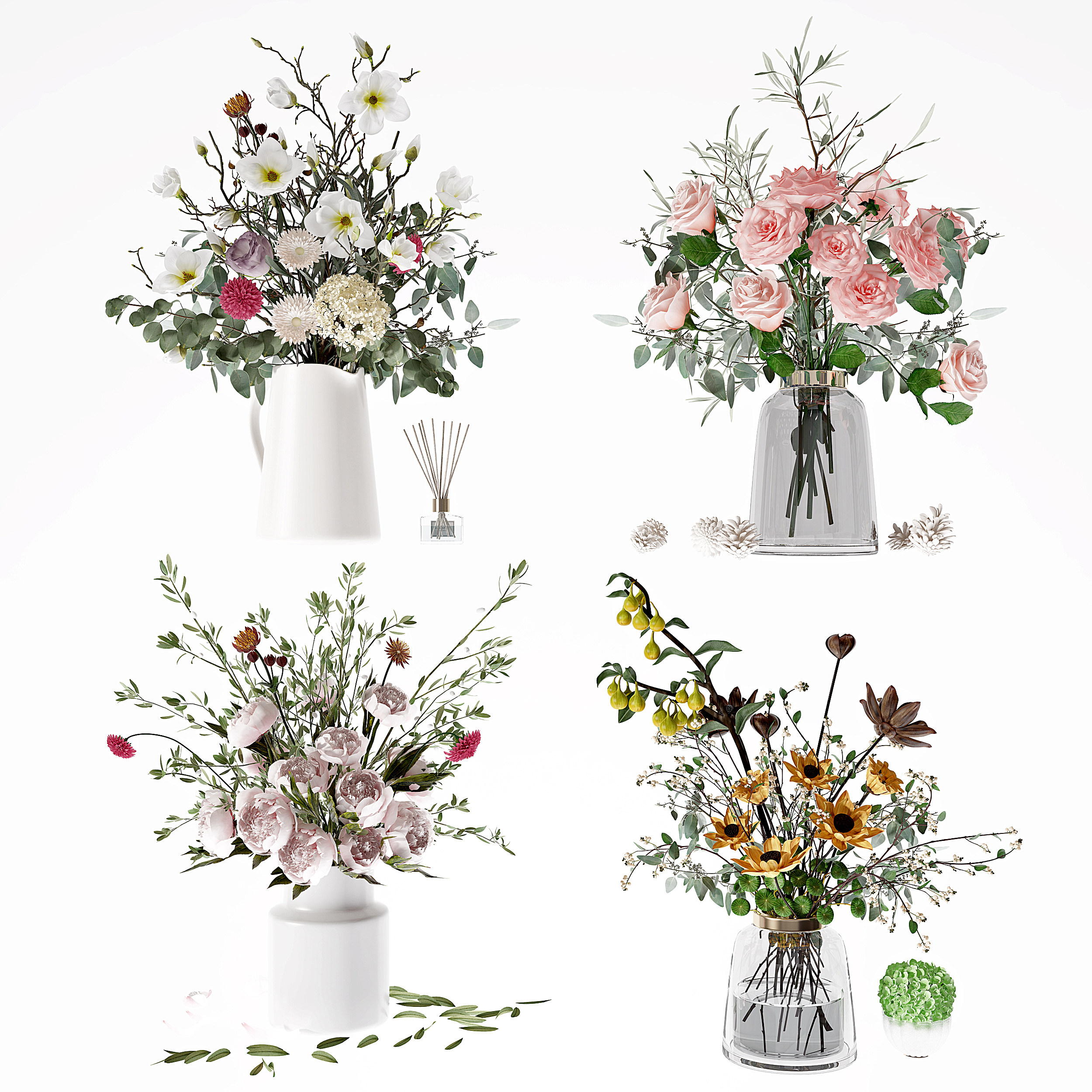 现代玻璃花瓶,花艺,牡丹花3d模型下载