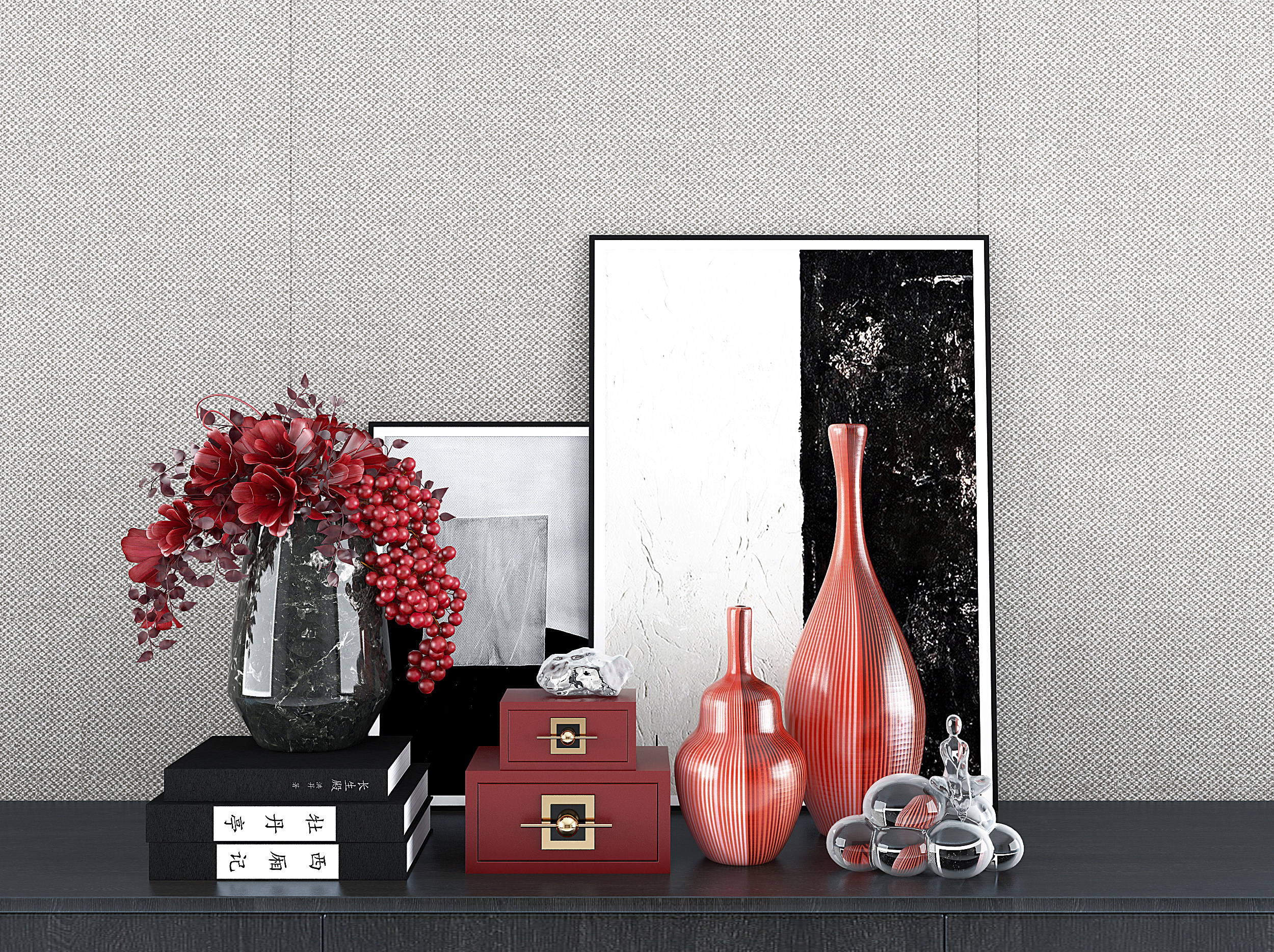 新中式花瓶,花艺,装饰画摆件 (1)3d模型下载