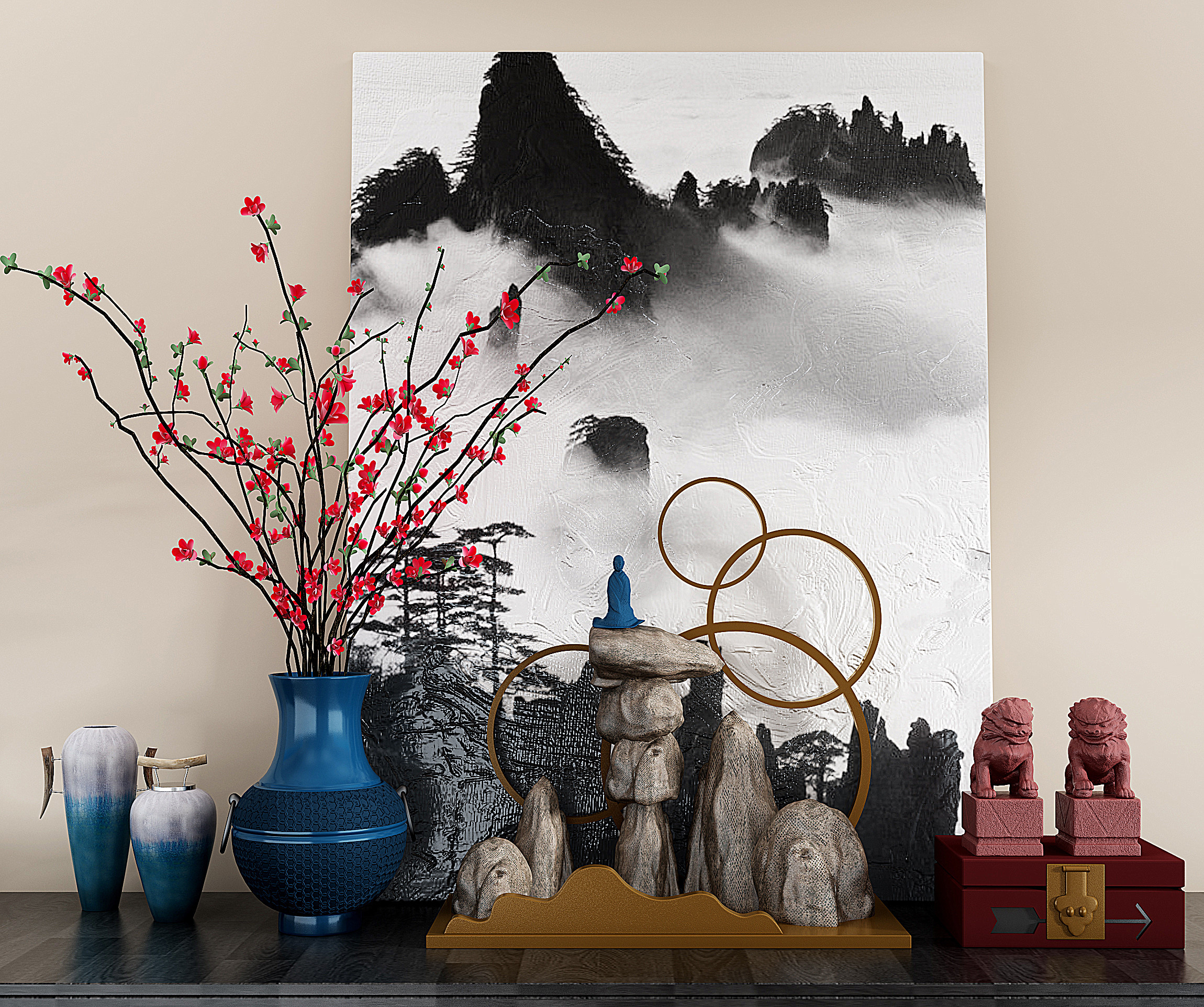 新中式花瓶 假山 狮子 雕塑 摆件3d模型下载